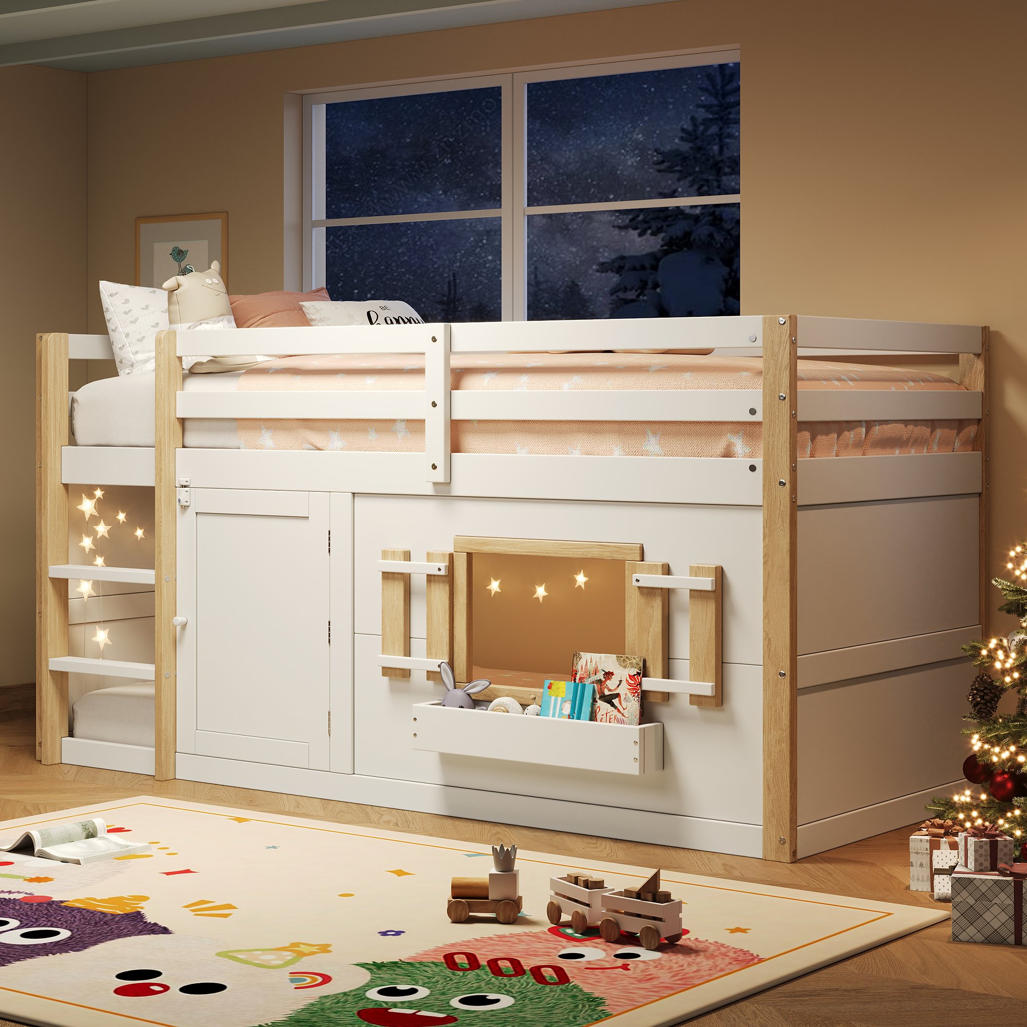 Lit superposé enfant 90x200 cm blanc en bois massif et Panneau composite de fibres de bois à densité, robuste structure avec échelle intégrée pour chambre d'enfant