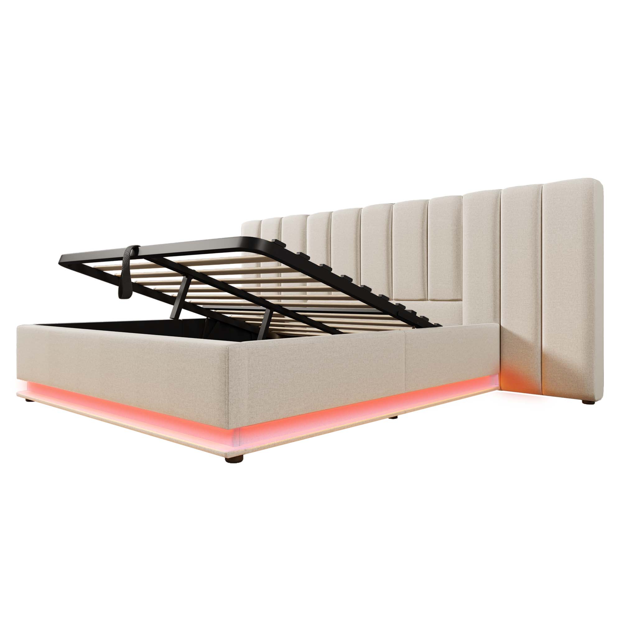 lit coffre 160x200 revêtu de lin beige sur structure bois massif et métal, avec coffrage hydraulique et LED