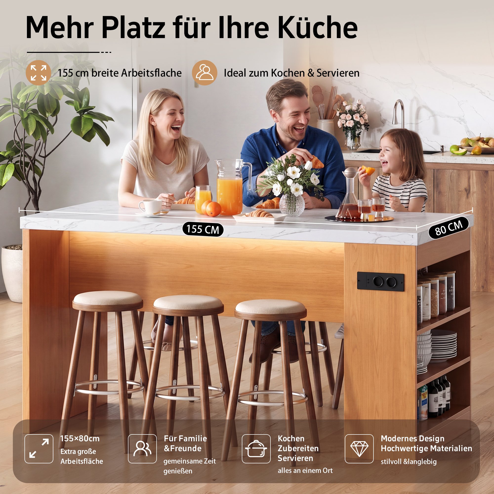 Îlot de cuisine avec éclairage LED intégré, prises AC et USB, rangements ouverts, plan de travail 40 mm, 155x80x90 cm