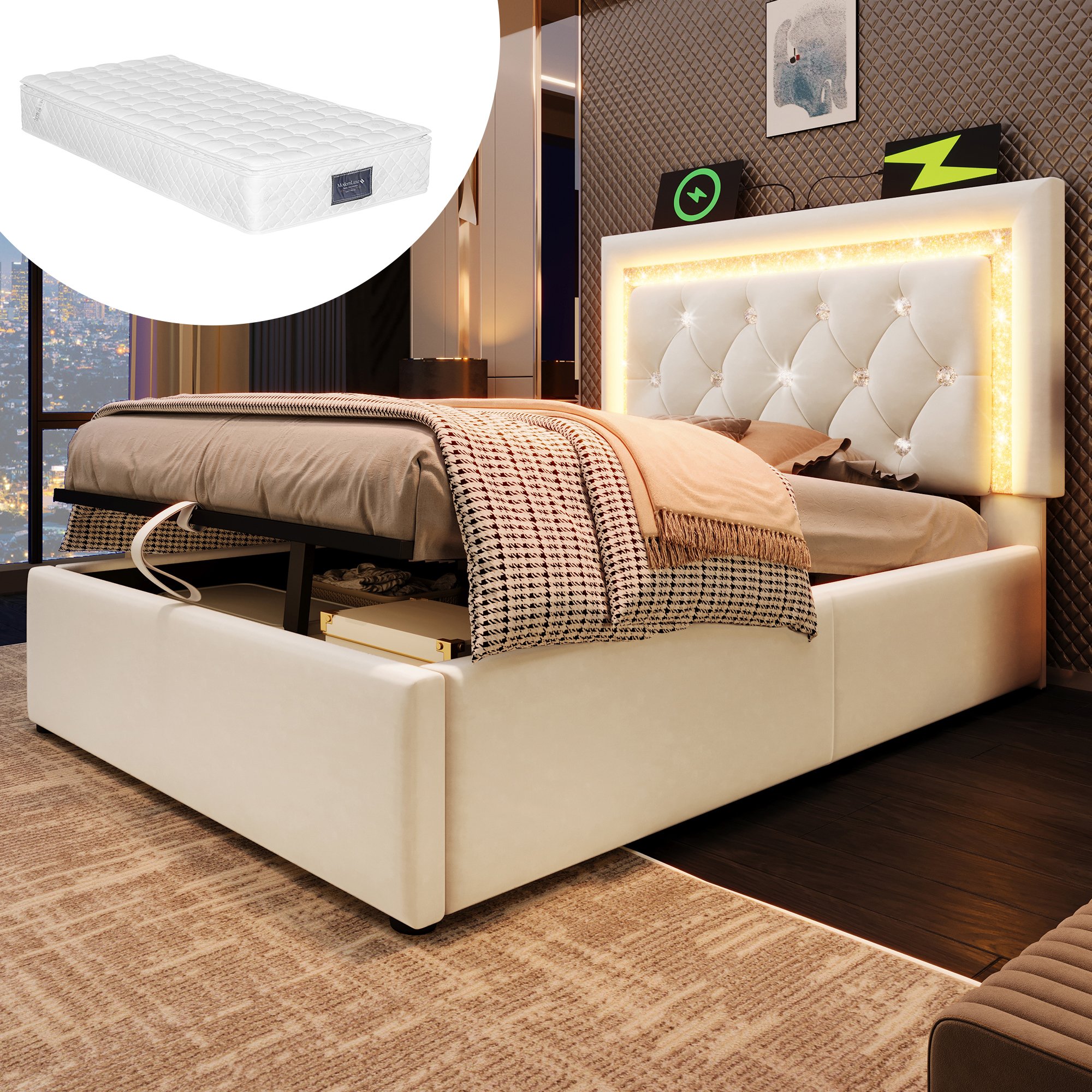 lit coffre 90x200 en velours beige avec rangement hydraulique, LED, ports USB Type-C et sommier à lattes