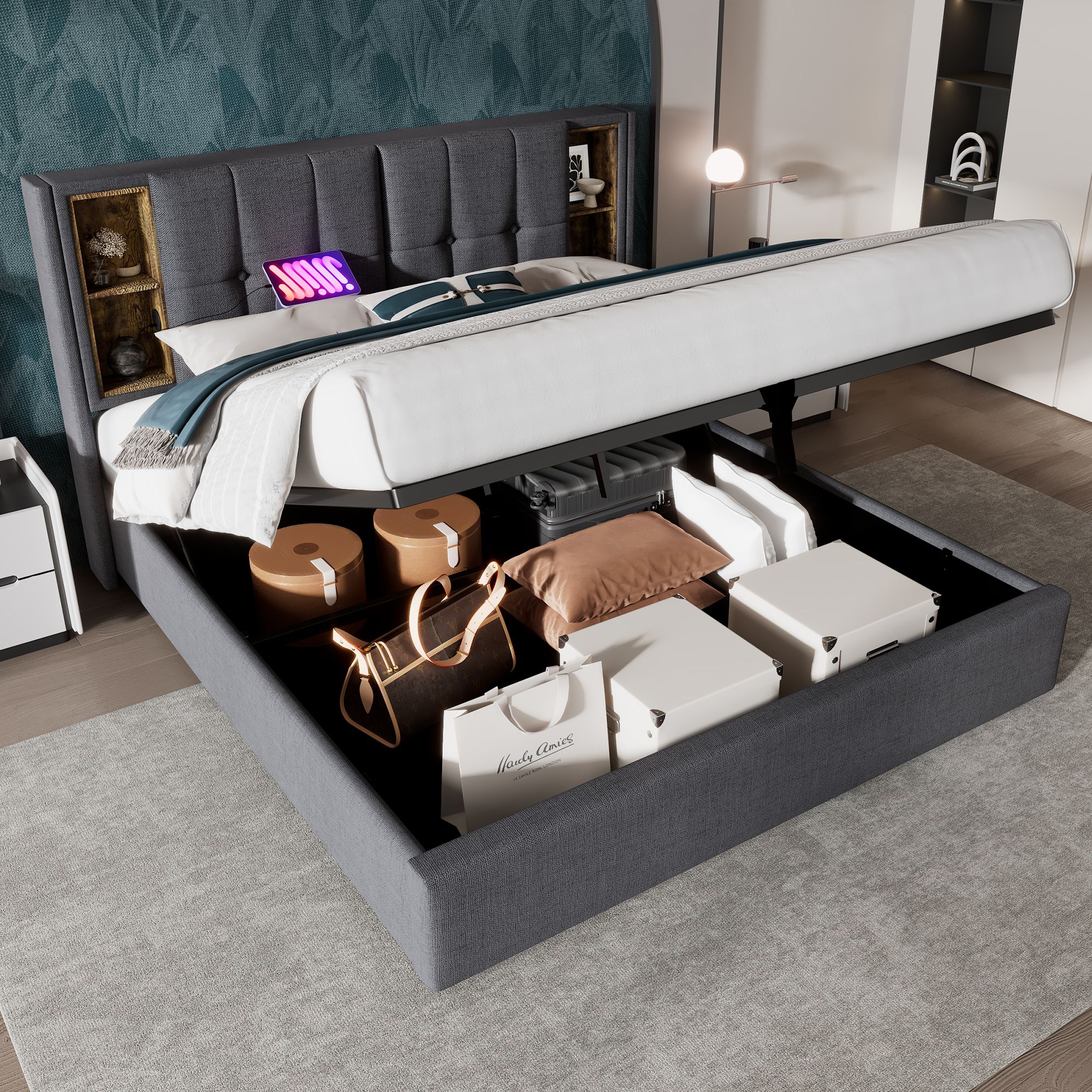 Lit coffre double 180x200 gris avec rangement hydraulique et sommier à lattes pour chambre adulte