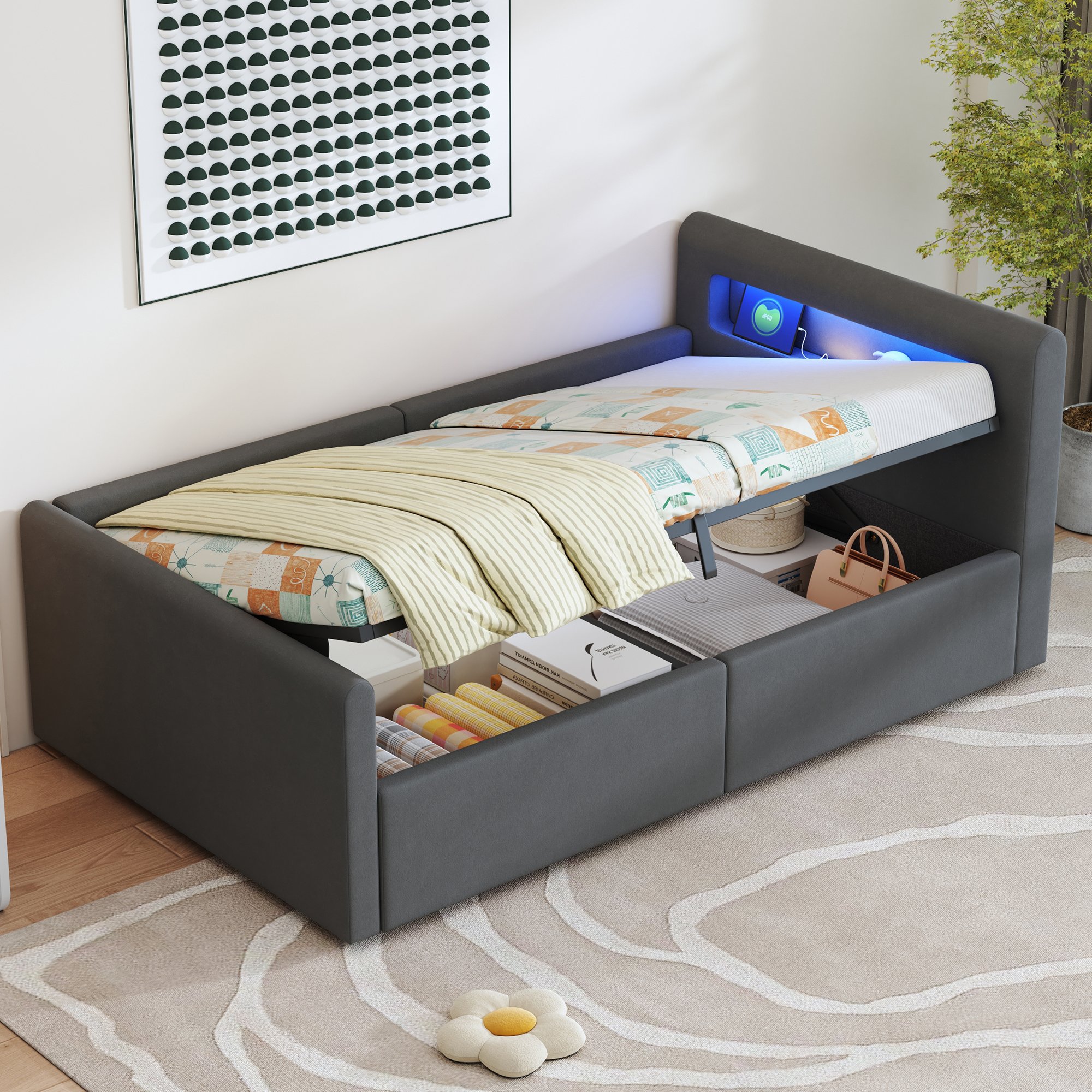 Lit coffre 90x200 cm en velours gris foncé avec rangement hydraulique, LED et USB