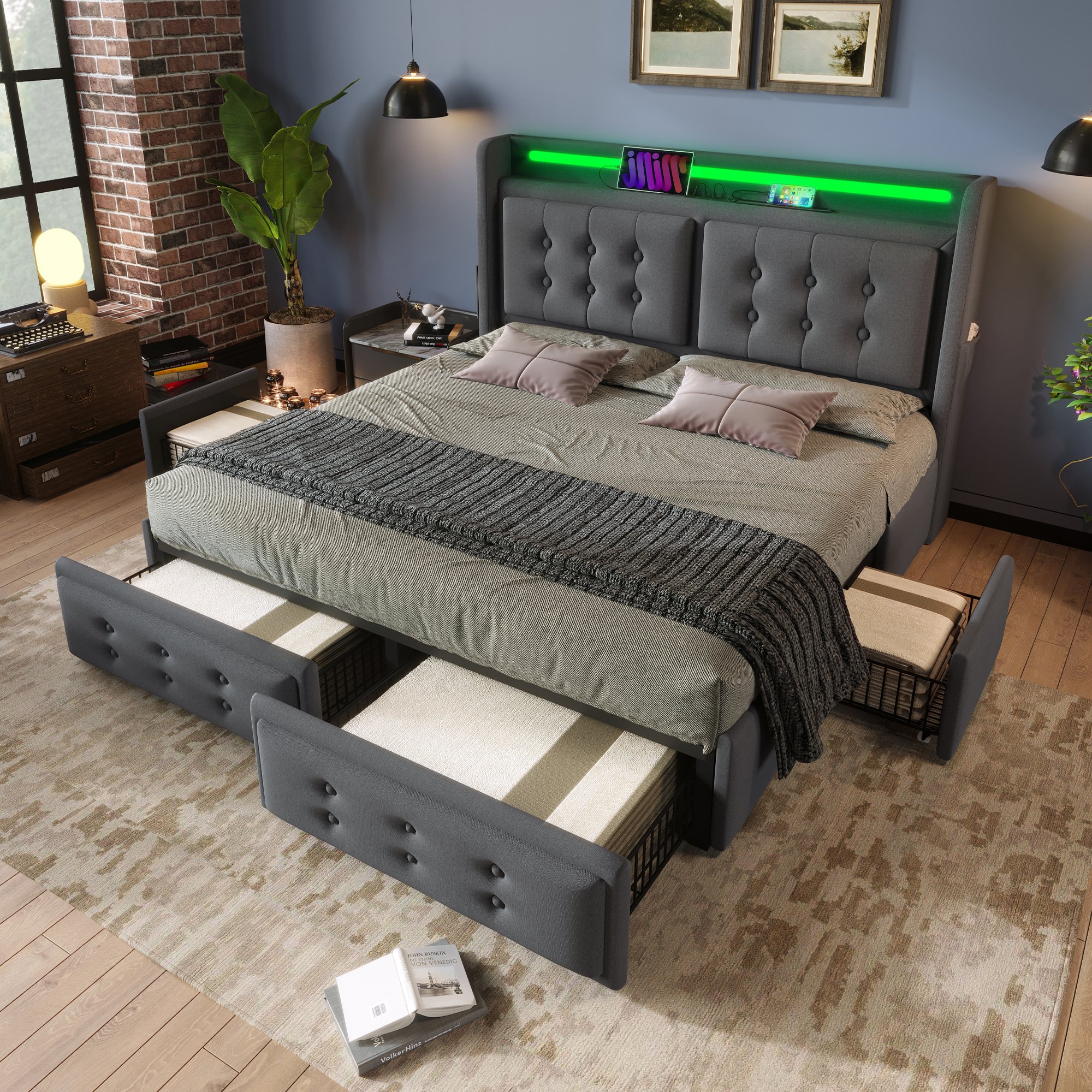 lit coffre 140x200 gris en tissu coton avec cadre métal et bois, tête de lit rembourrée boutonnée et sommier à lattes robuste