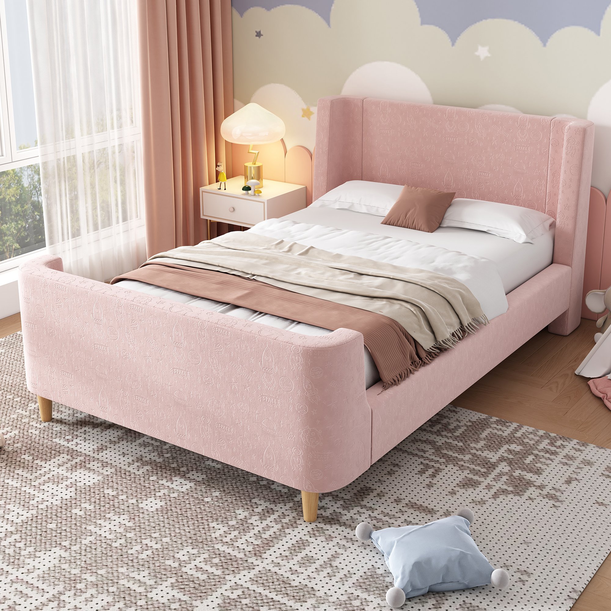 Lit enfant 90x200 cm, cadre de lit en velours rose avec motif cosmique et tête de lit rembourrée pour chambre d'enfant