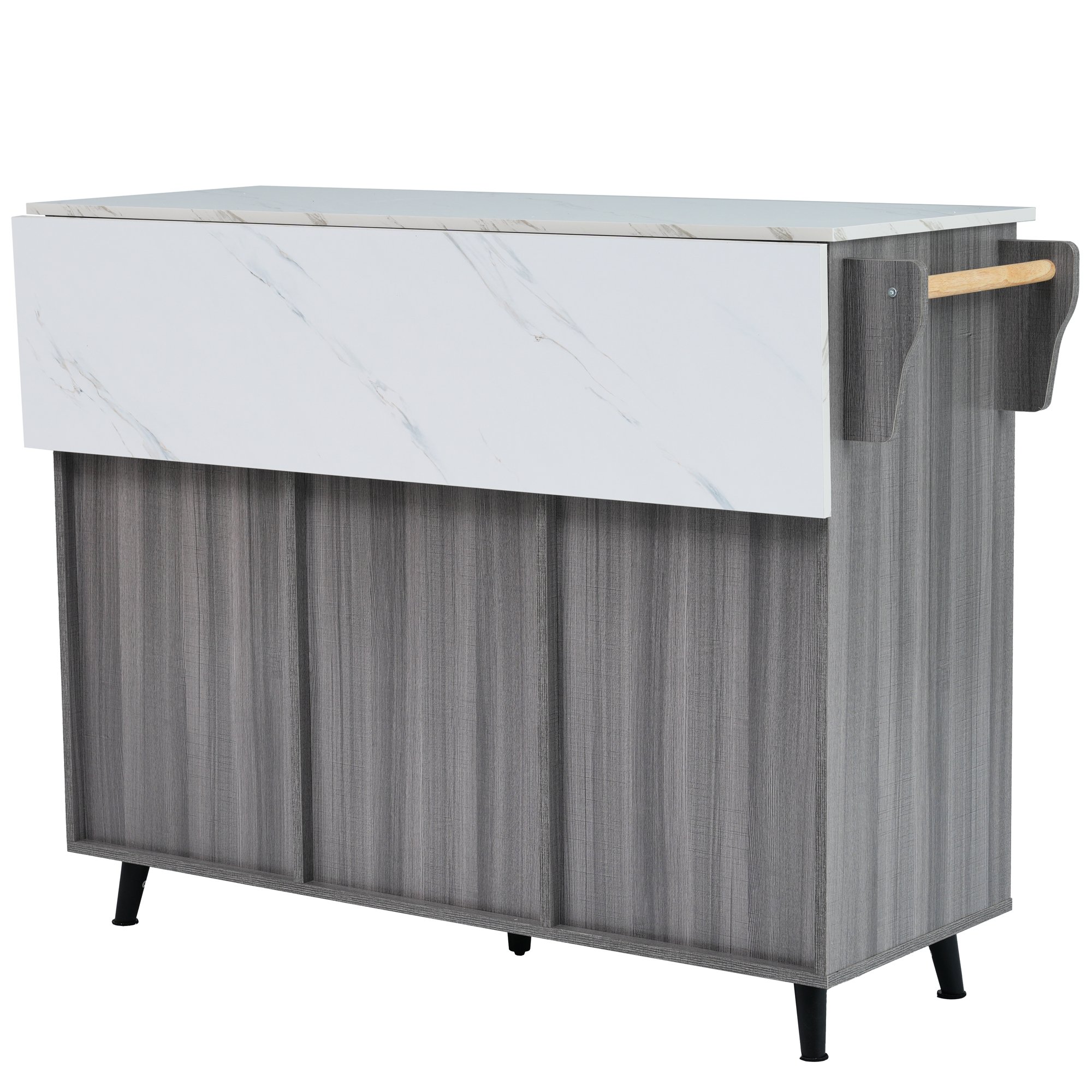 Îlot de cuisine sur roulettes avec table pliante, rangements, tiroirs et étagères réglables, blanc et gris, 129x46x91,5 cm