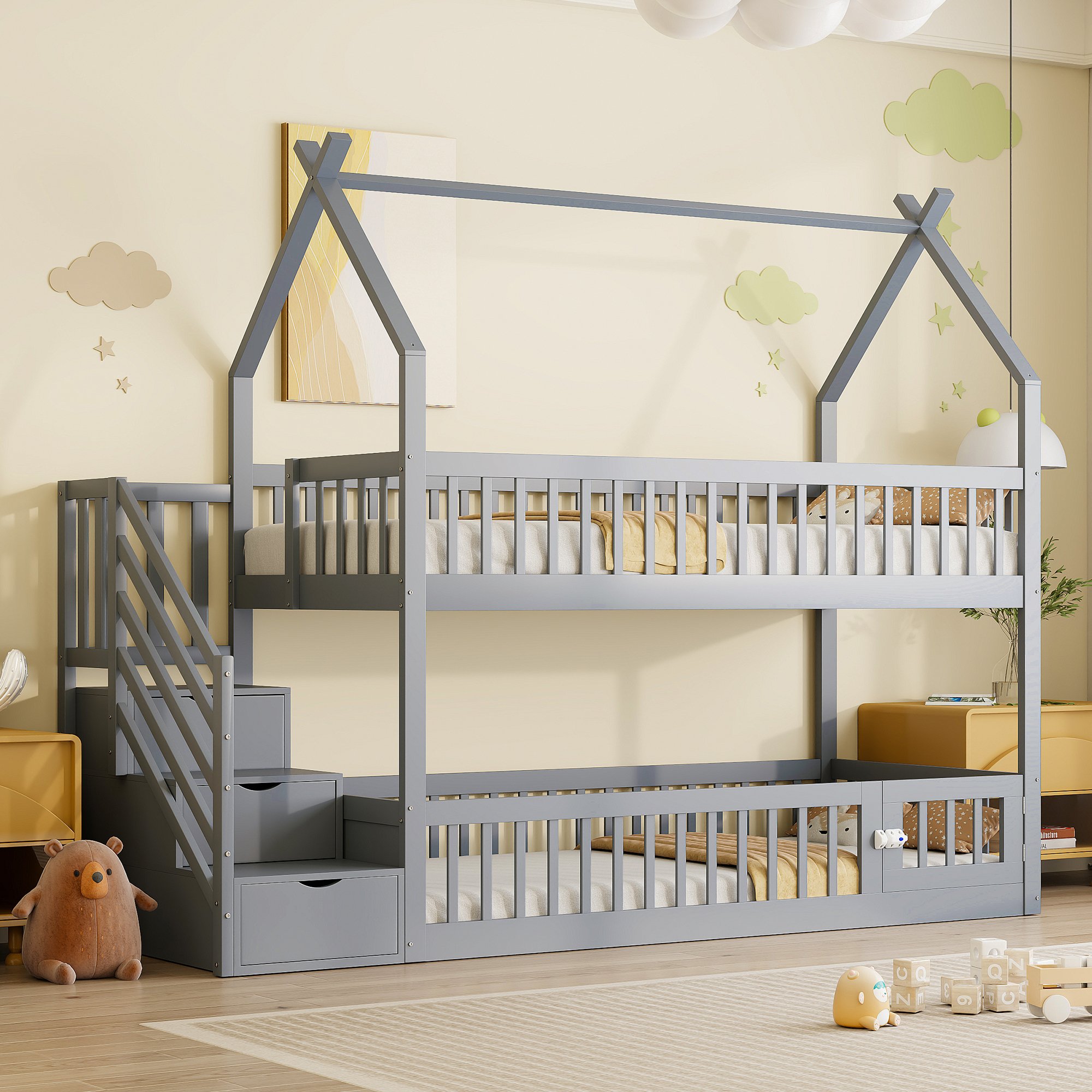 Lit superposé 90x200 cm en bois massif, 2 couchages, avec rangements et échelle