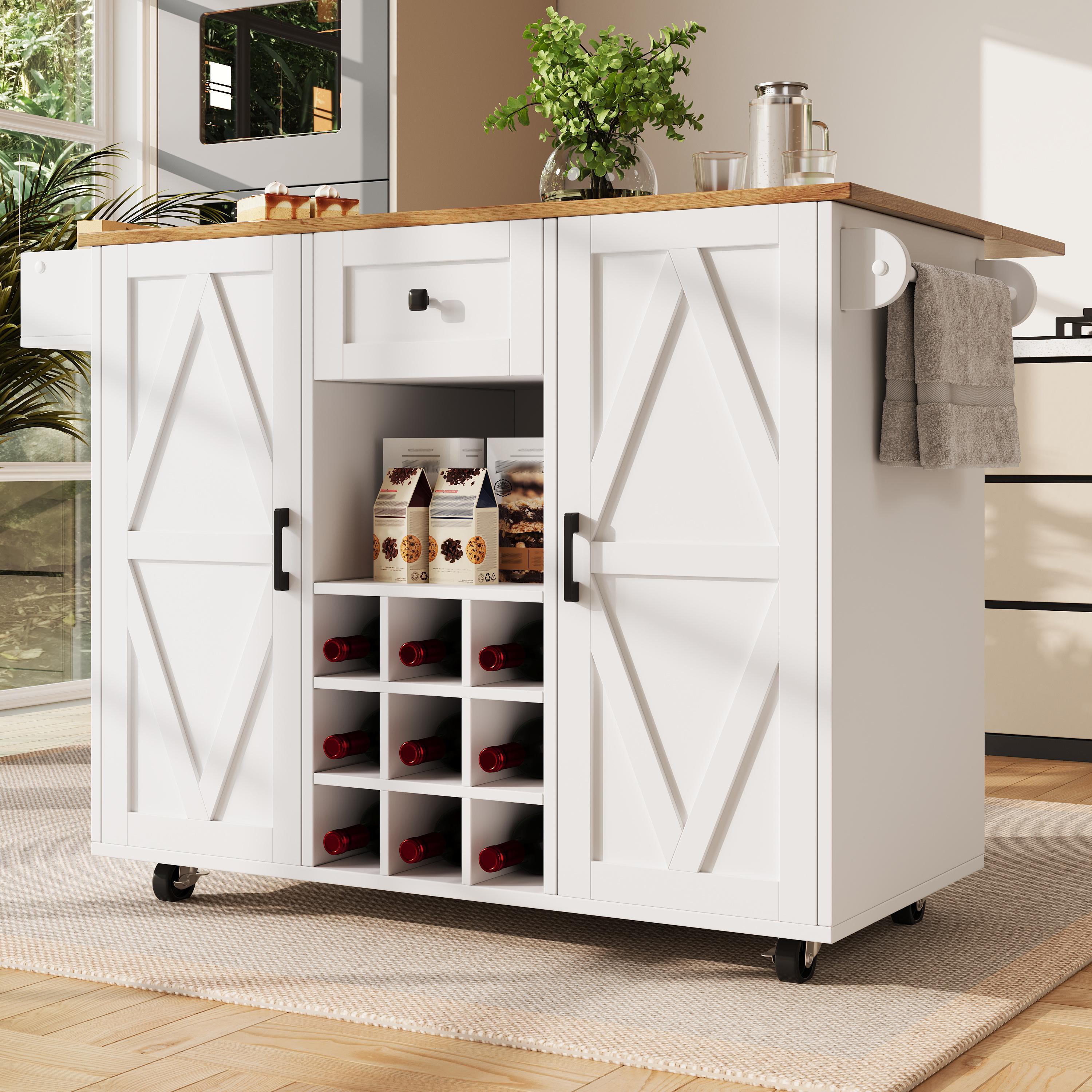Îlot de cuisine en Panneau composite de fibres de bois à densité blanc avec structure en métal, rangement et roulettes, dimensions 137,5 x 65 x 95,6 cm