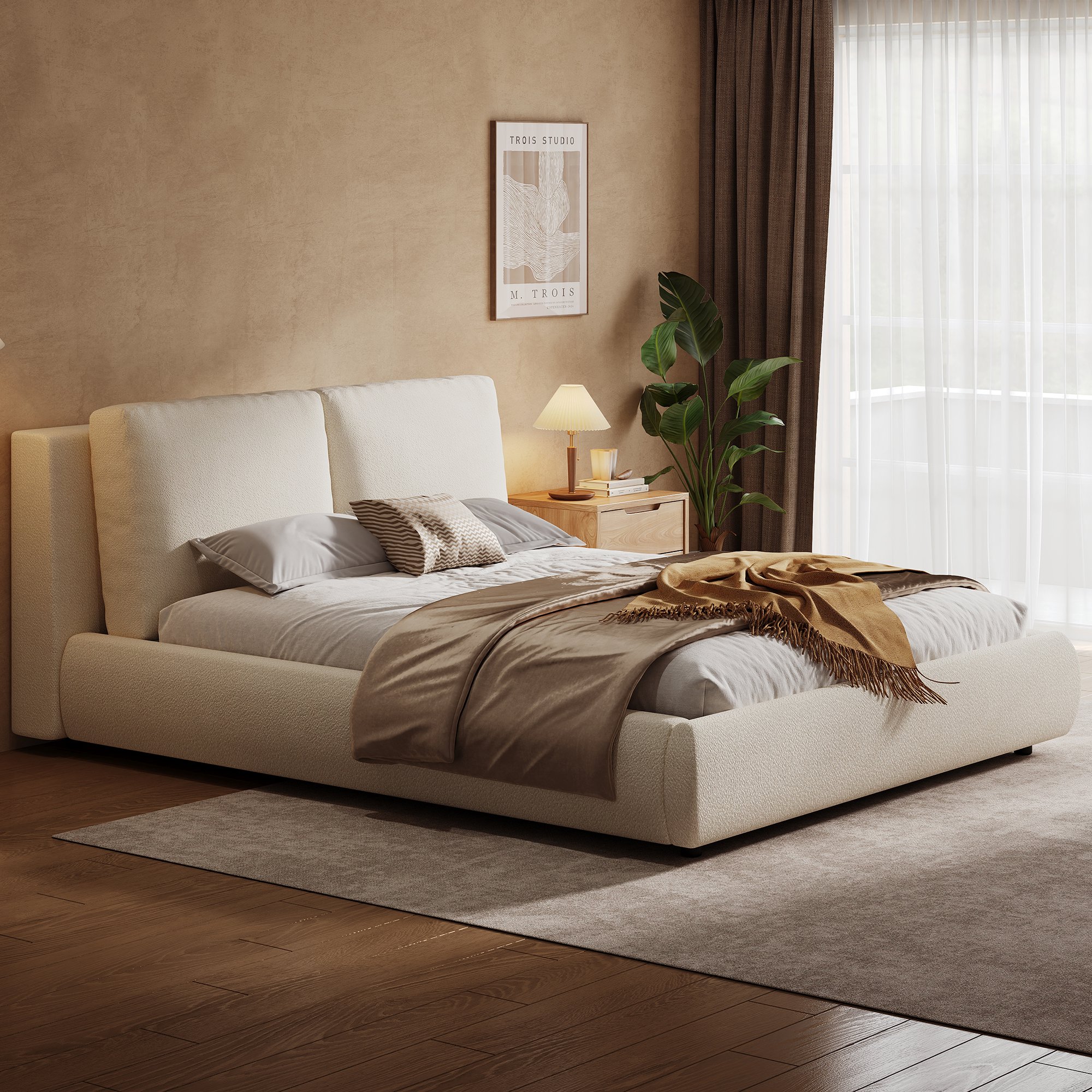 Lit coffre 160x200 beige bouclé avec tête de lit ergonomique inclinée pour soutien lombaire et système de levage hydraulique