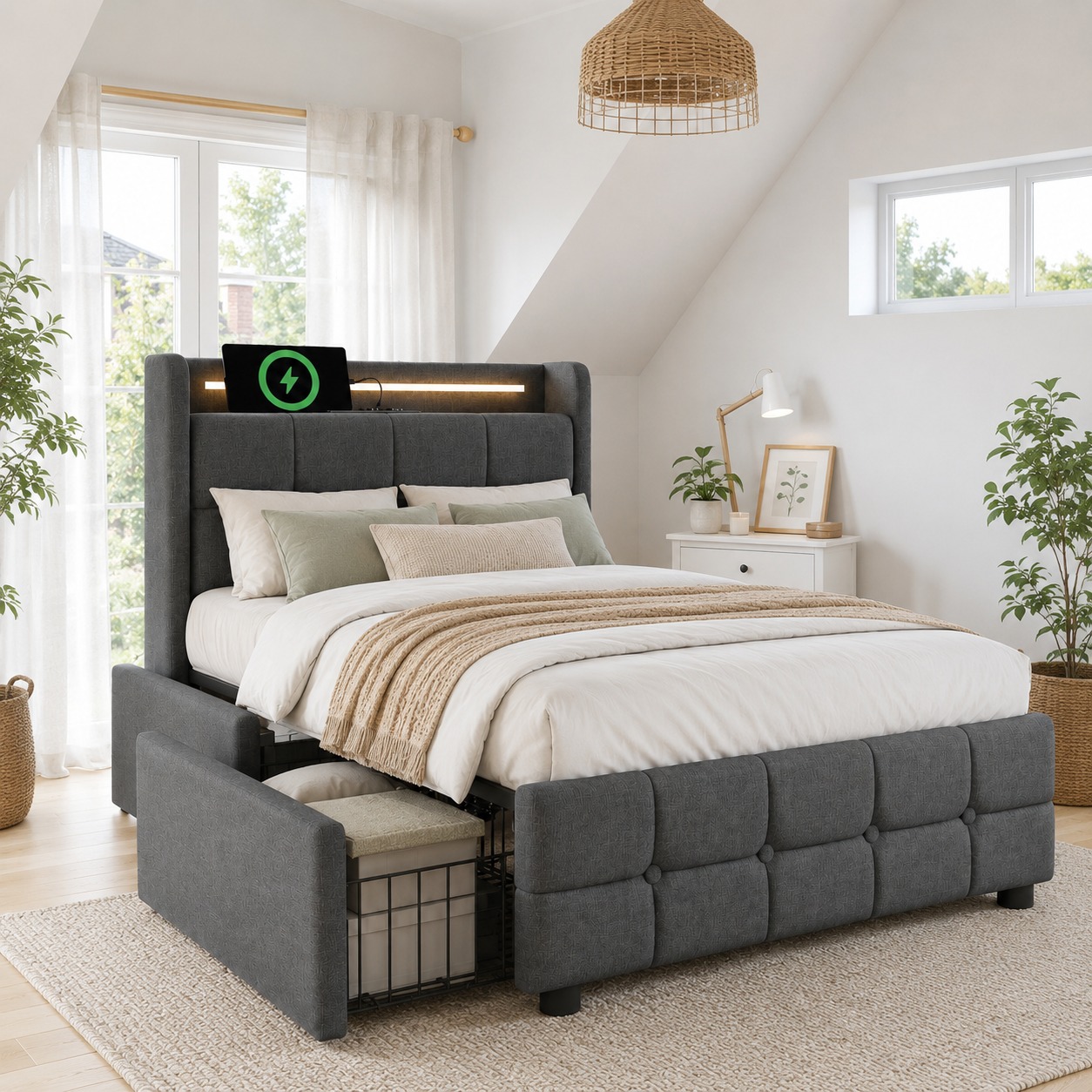 Lit coffre 90x200 avec LED, USB et prises électriques, cadre de lit simple avec 2 tiroirs de rangement gris