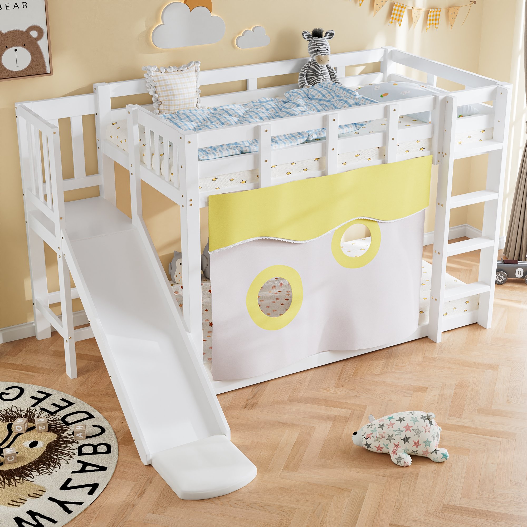 Lit superposé 90x200 pour enfant avec toboggan, rideau et rangement, 2 places