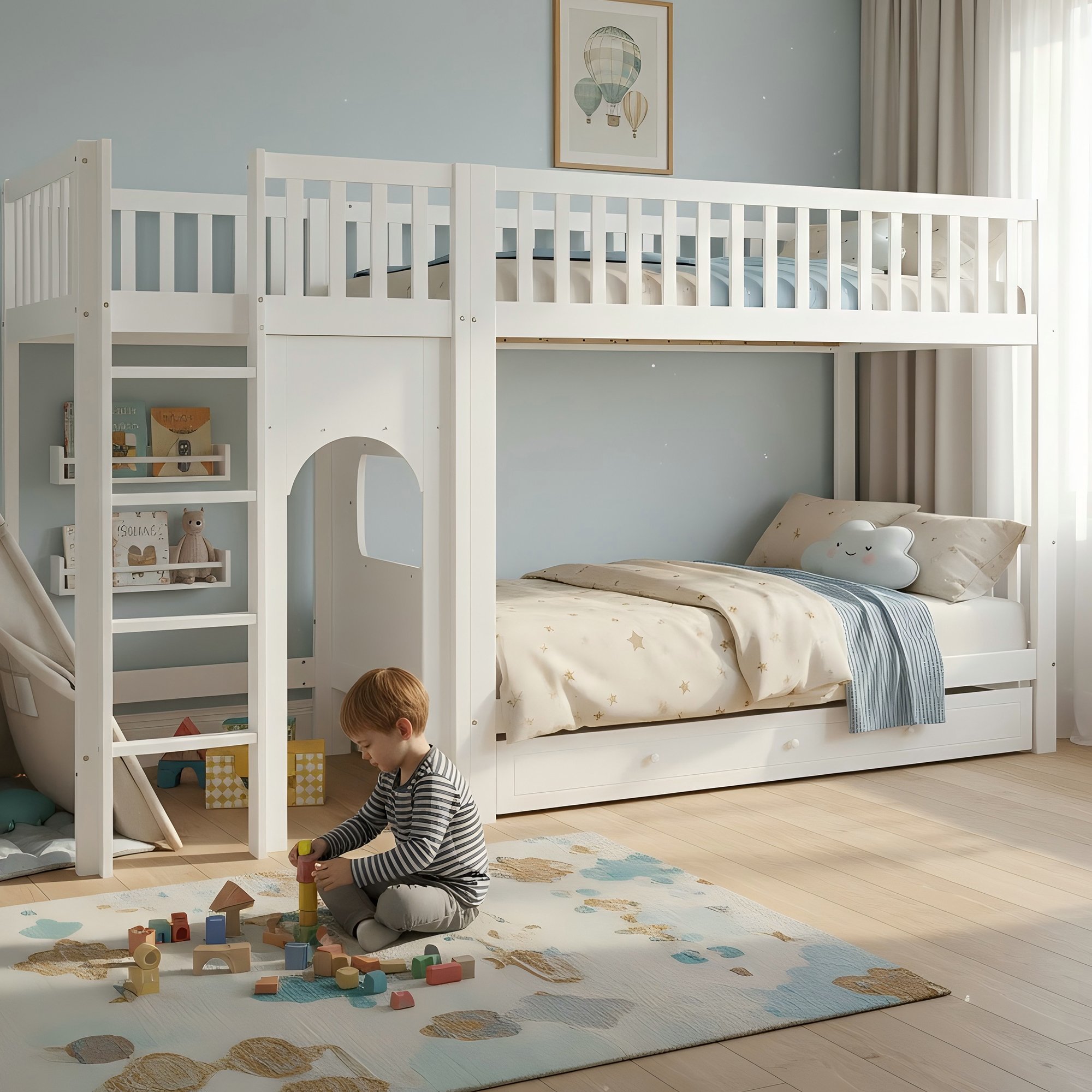 Lit superposé 90x200 pour enfant, 4 places, avec échelle droite et garde-corps, blanc