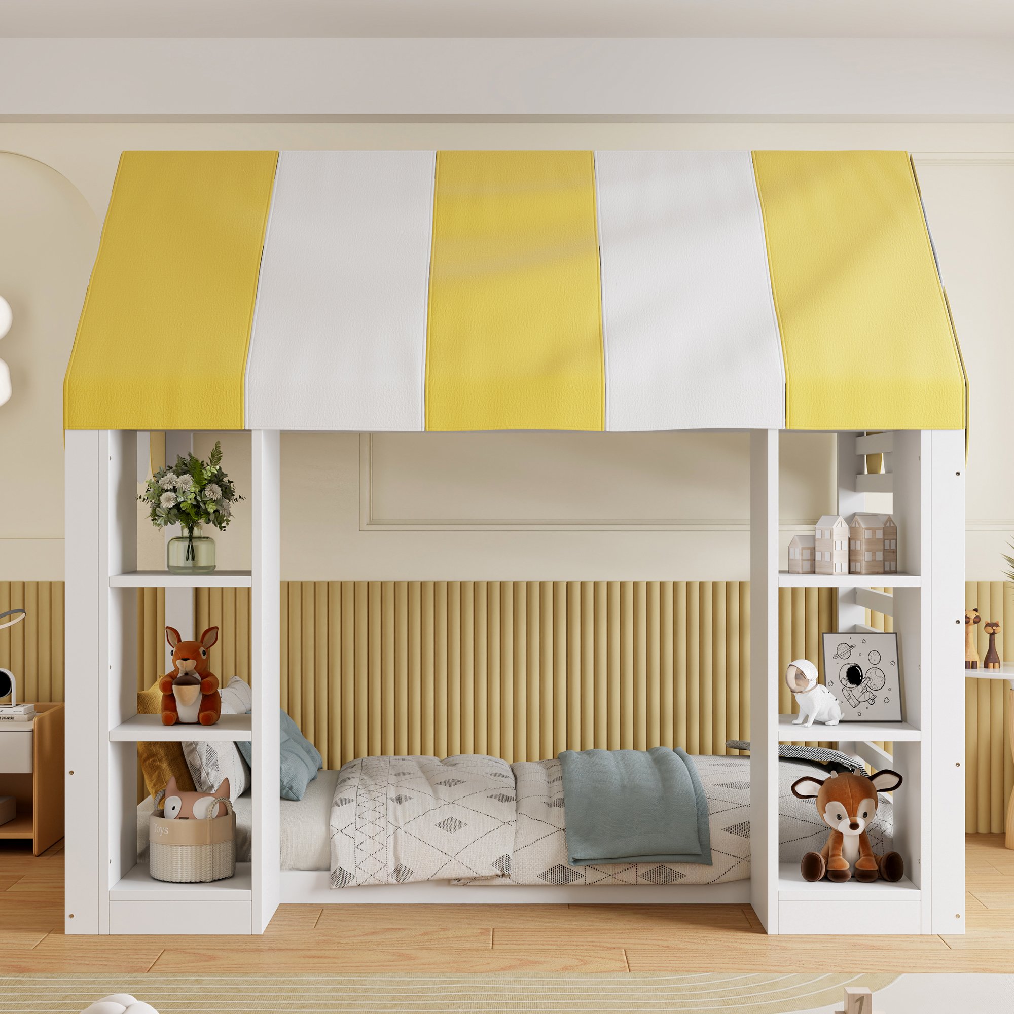 Lit mezzanine enfant 90x200 avec rangements intégrés et baldaquin, style champêtre, bois blanc