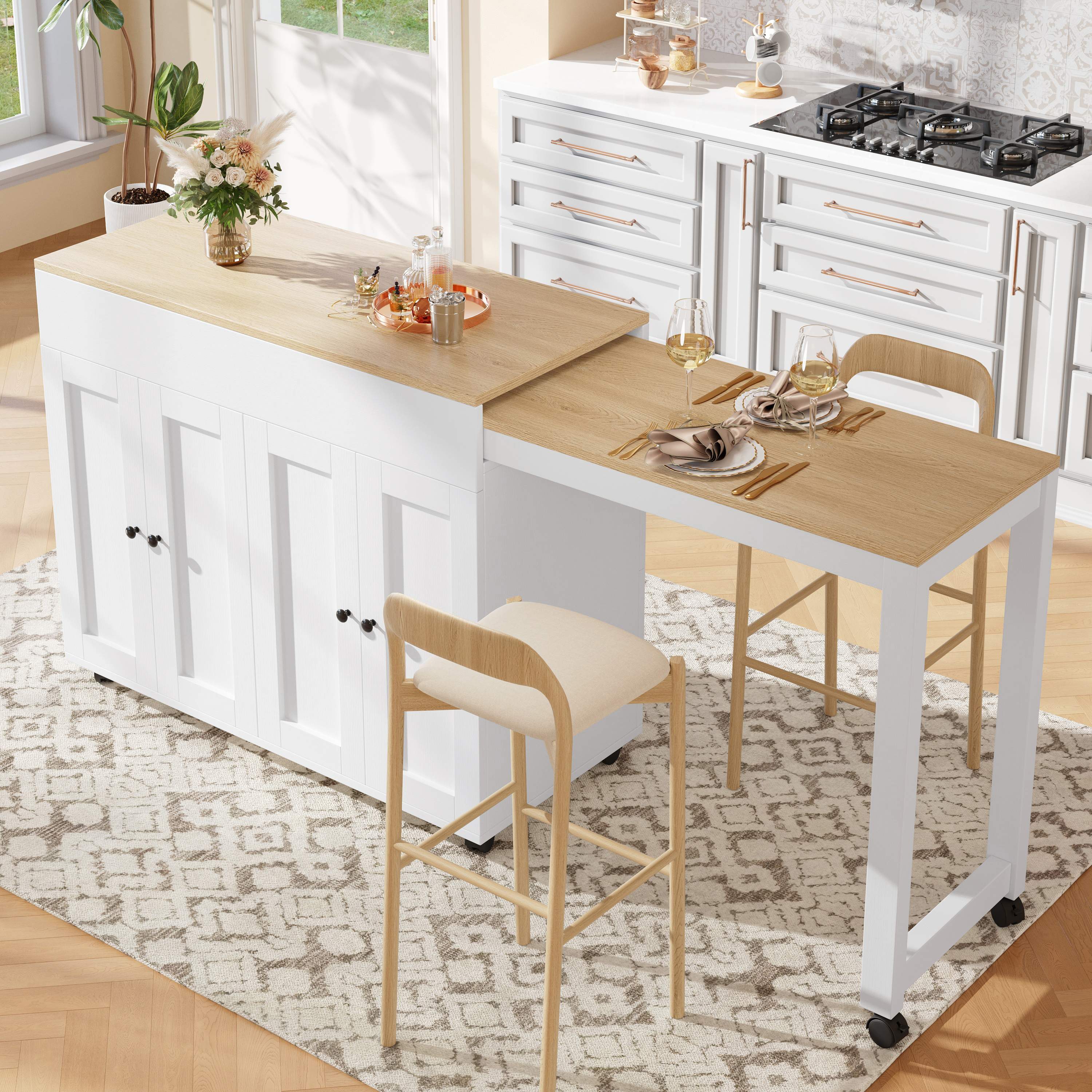 Îlot de cuisine extensible blanc avec rangement, table de bar en Panneau composite de fibres de bois à densité avec 6 étagères, pour cuisine et salle à manger