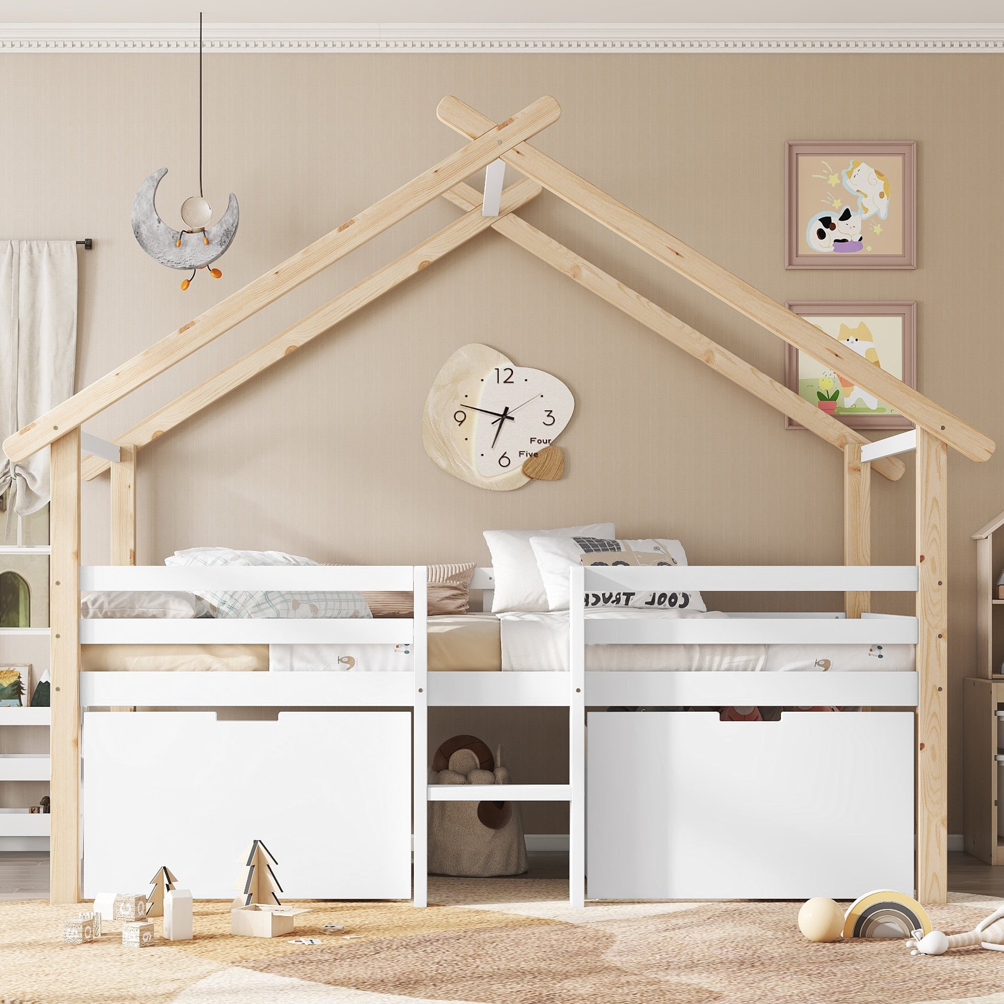 Lit cabane 90x200 avec rangements et tiroirs pour enfant, blanc et naturel
