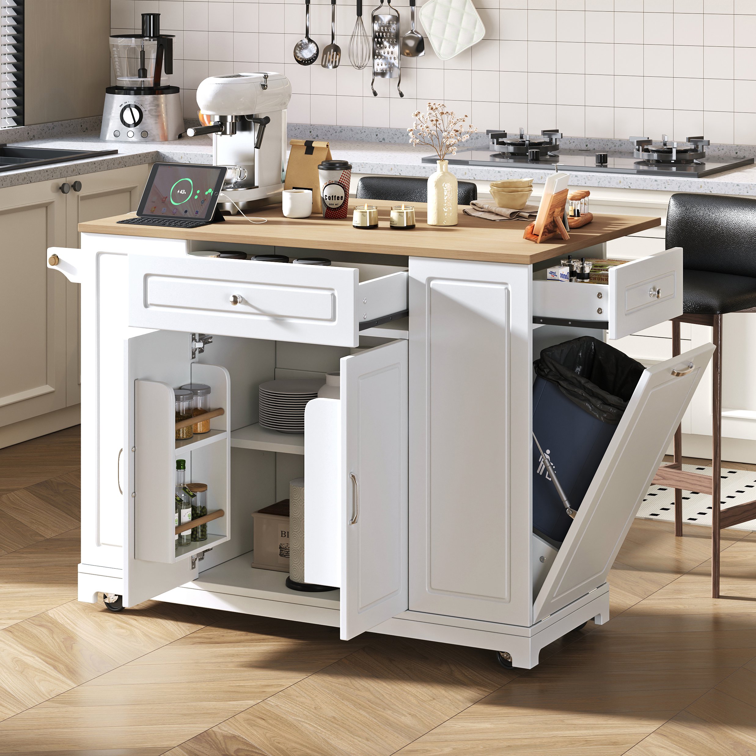 Îlot de cuisine 131,8 cm avec plan de travail extensible de 40 à 70 cm, rangements, poubelle intégrée, sur roulettes, blanc