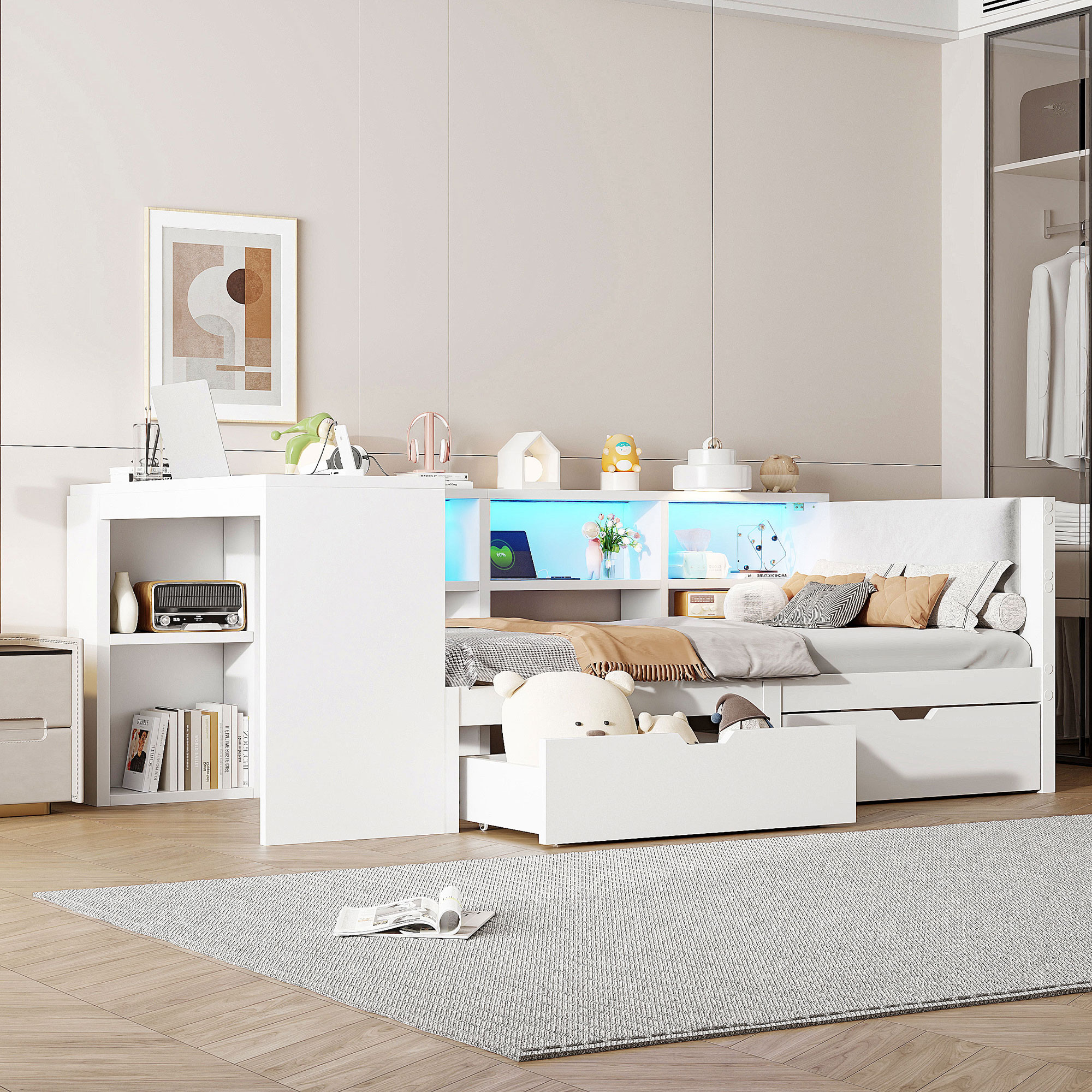 Lit plateforme 90x200 blanc avec rangements, tiroirs, tête de lit rembourrée et LED