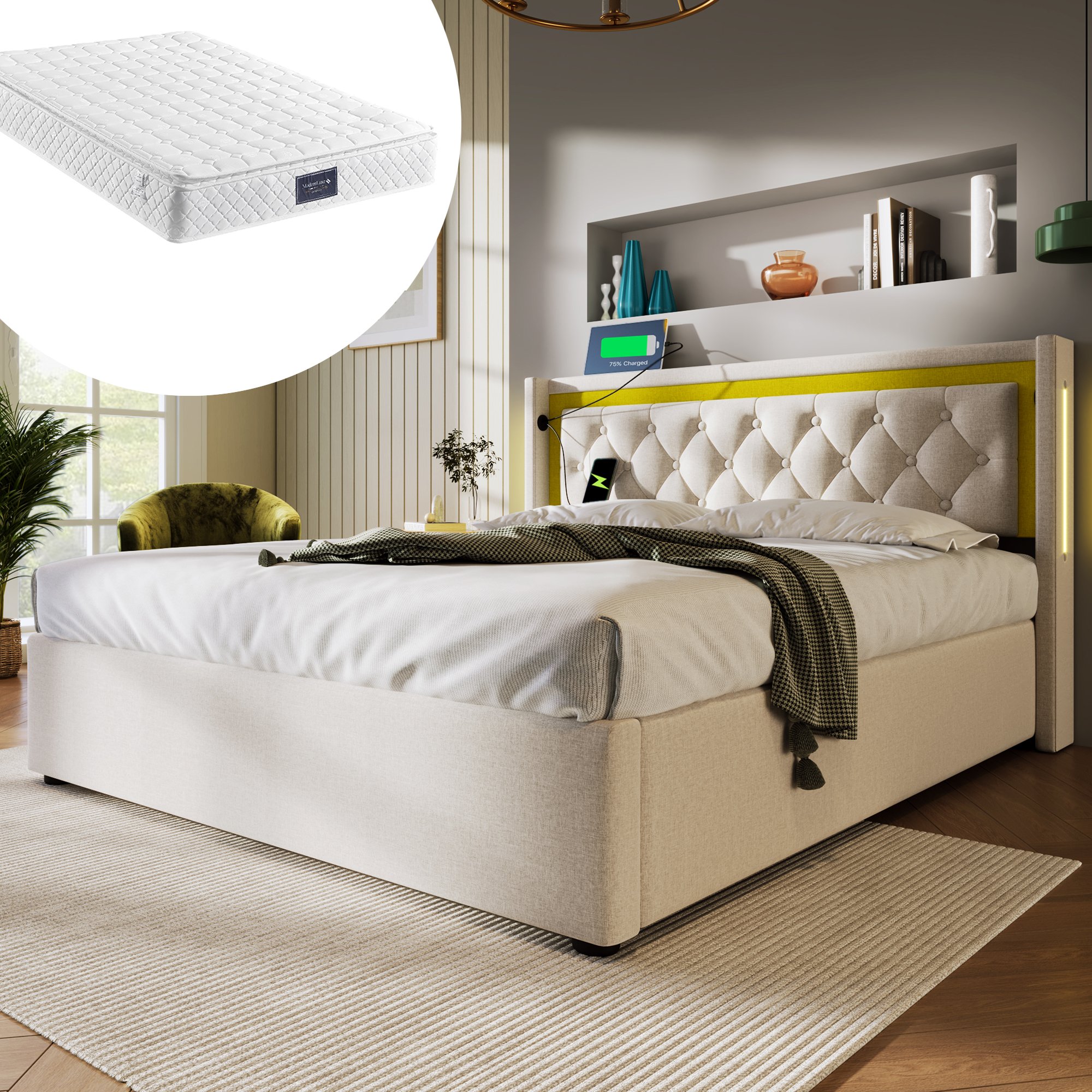 lit coffre 140x200 beige avec rangement hydraulique, LED, ports USB Type-C et sommier à lattes