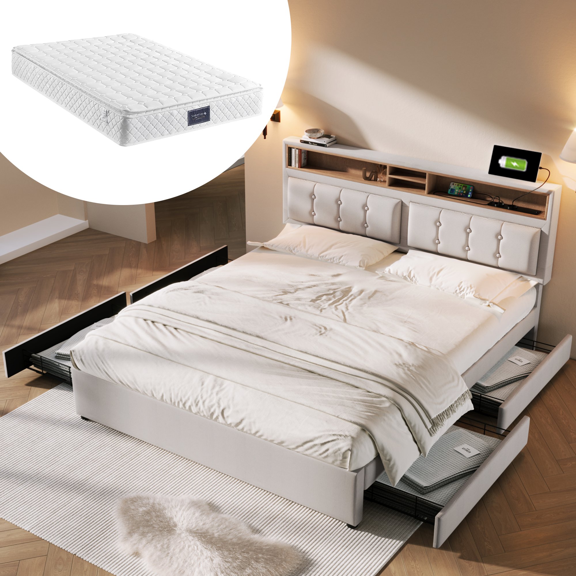 Lit coffre 140x200 avec tête de lit réglable, chargeurs USB et prises électriques, matelas inclus beige
