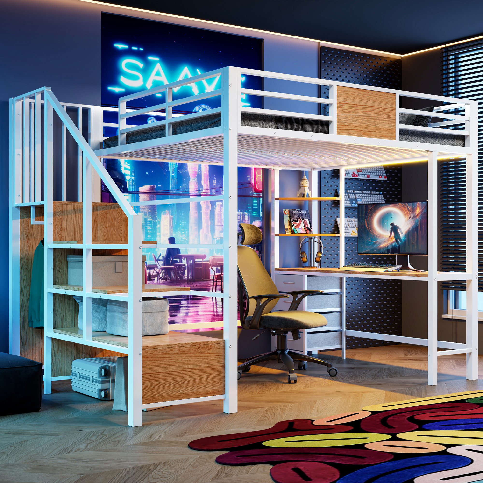 Lit mezzanine avec bureau intégré et rangements, 140x200, penderie, LED et prise