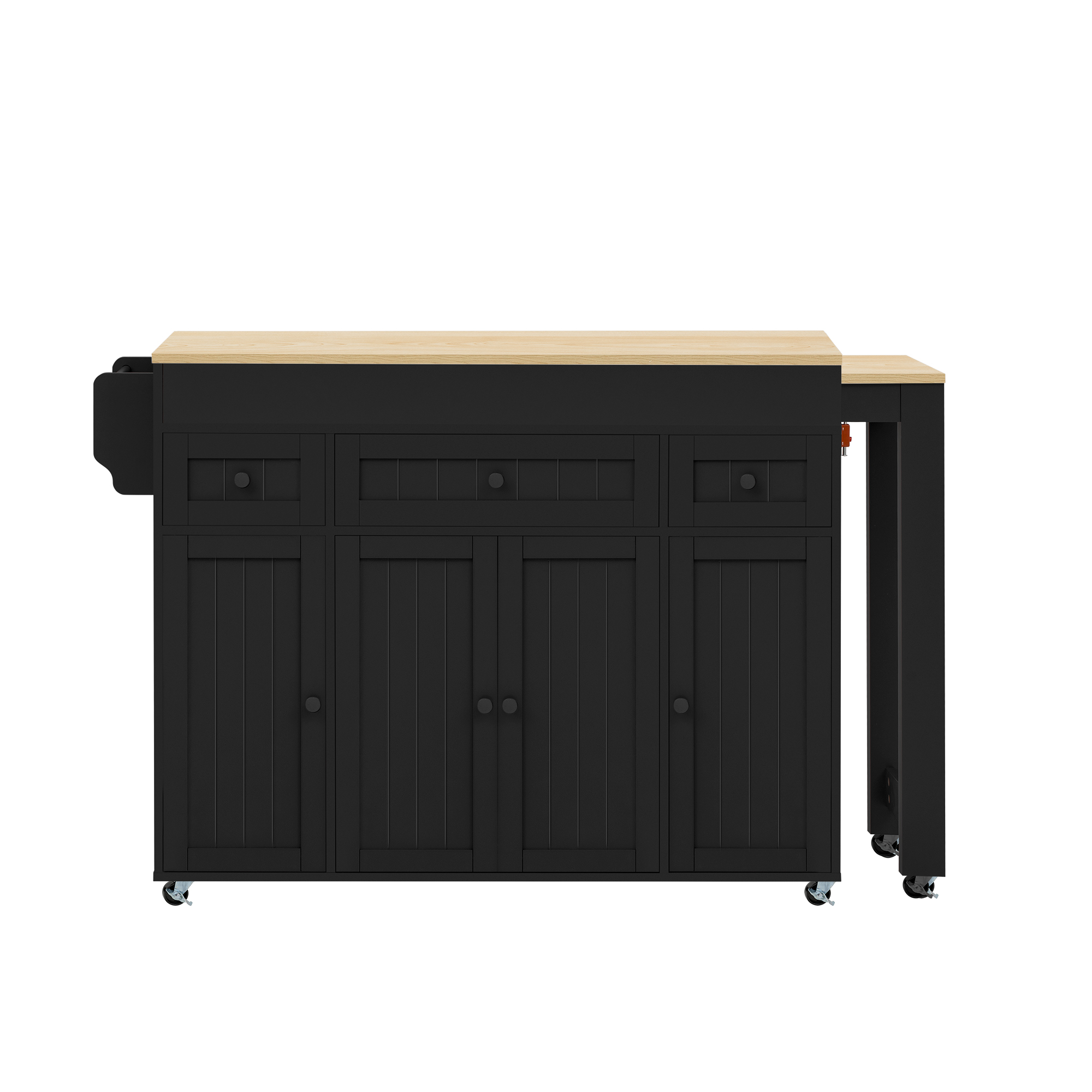 Îlot de cuisine extensible avec plan de travail coulissant, rangement intégré et 3 tiroirs, sur roulettes, noir et bois naturel