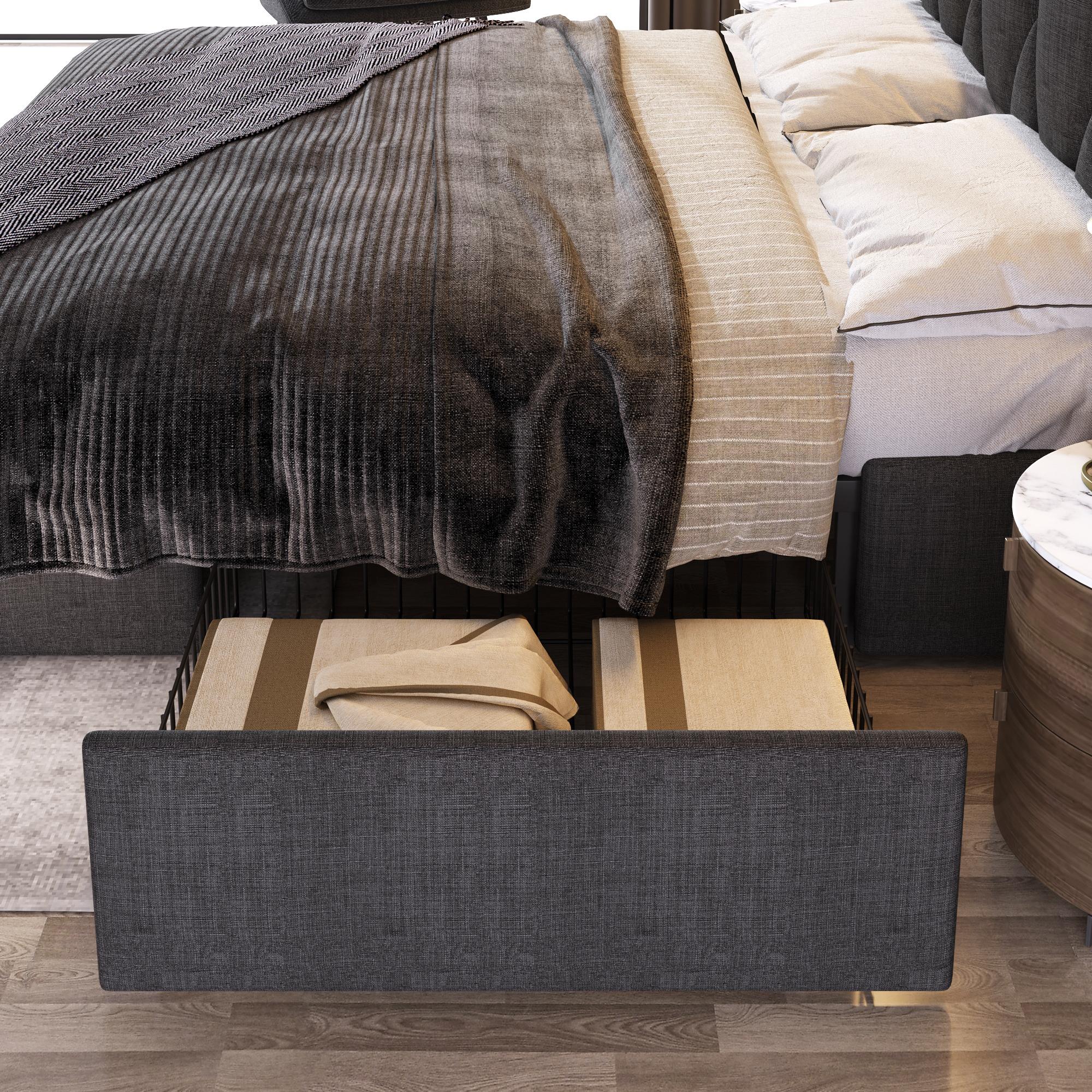 Cadre de lit 140x200 en tissu lin gris capitonné, structure robuste avec 4 tiroirs, livré avec matelas et sommier à lattes