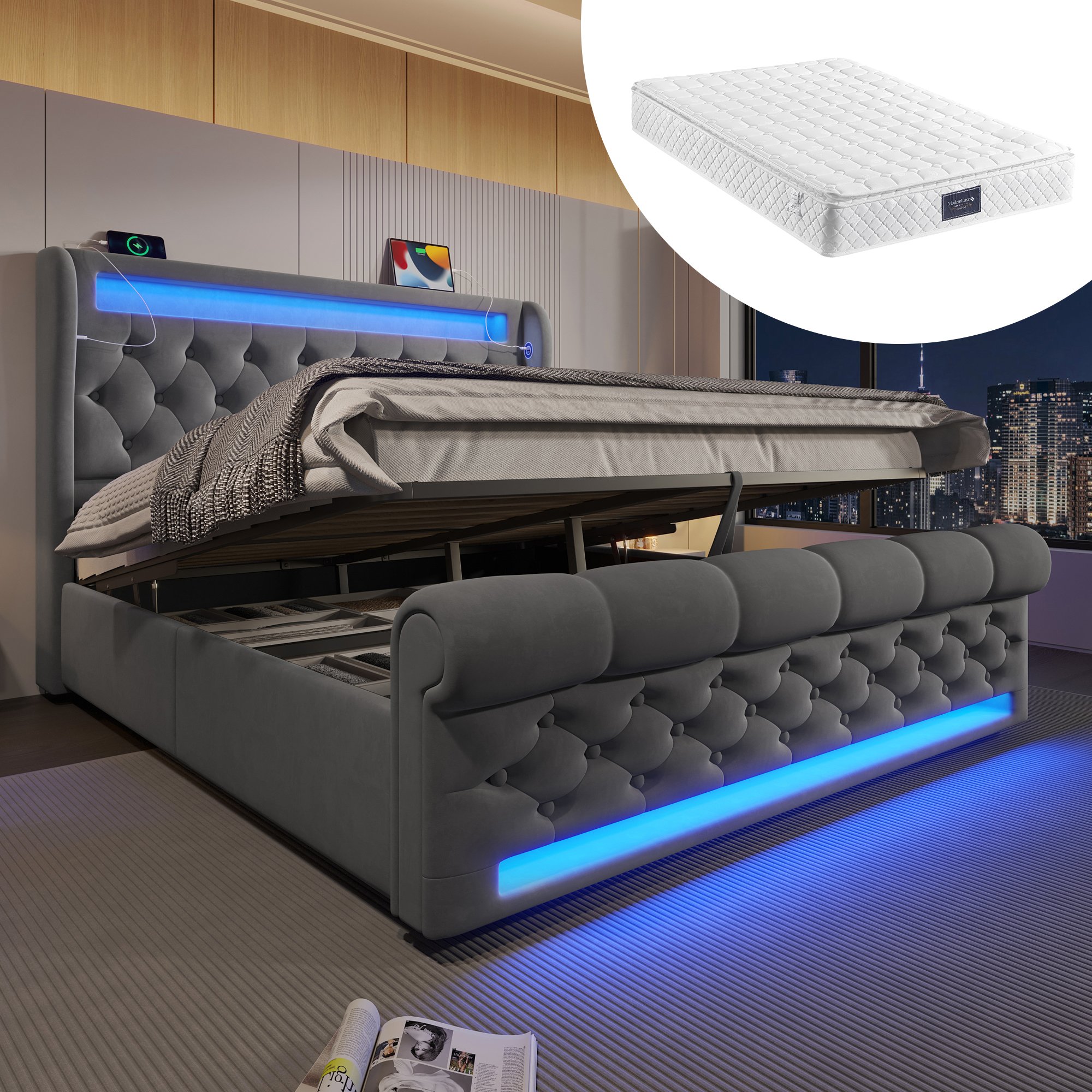 Lit LED 160x200 avec matelas, lit coffre velours gris avec rangement hydraulique, ports USB/Type-C et design contemporain
