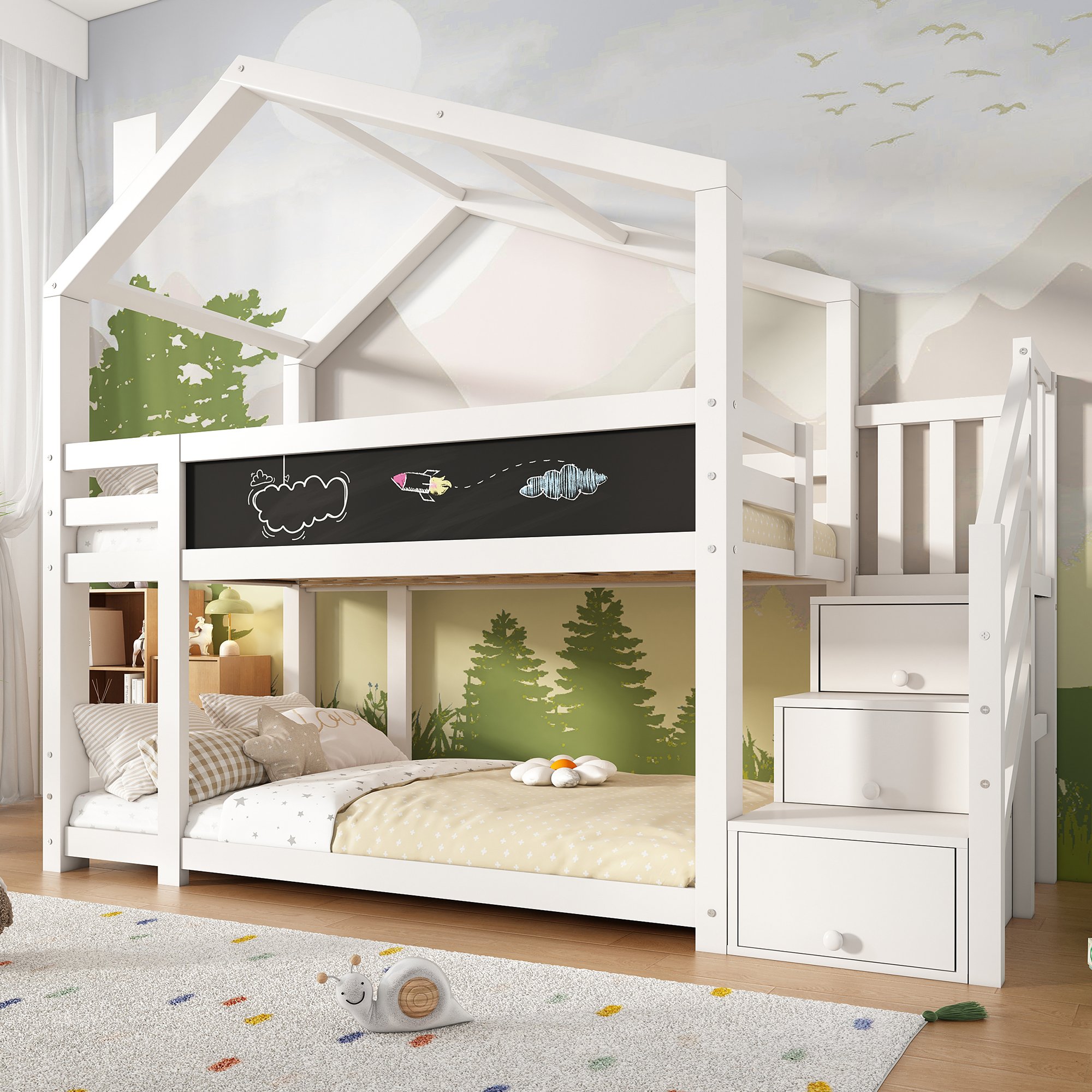 Lit superposé enfant 90x200 avec rangement intégré sous escalier, tableau à dessin et certification sécurité EN 747
