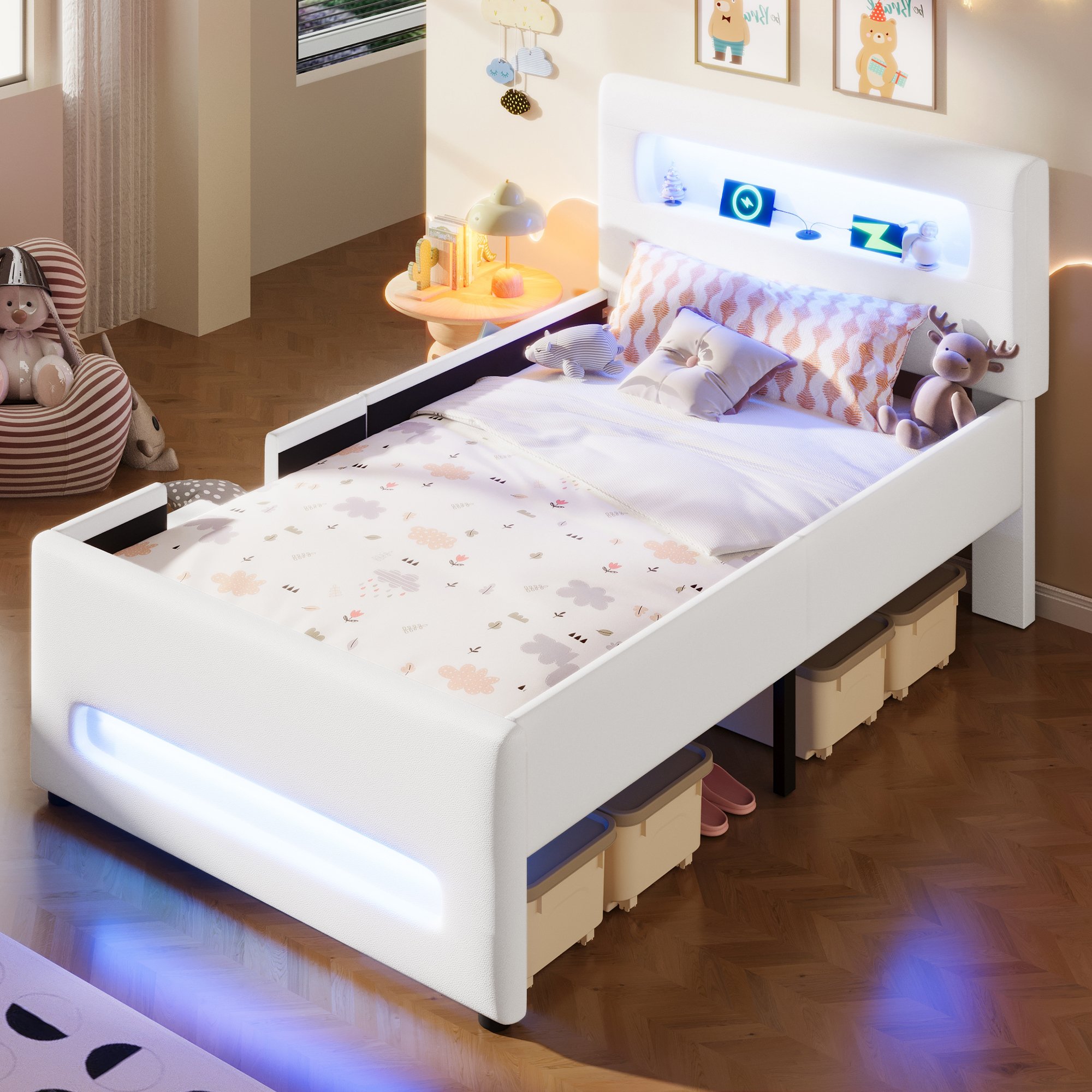 Lit coffre 90x200 cm avec rangements, LED et USB, blanc, pour enfant