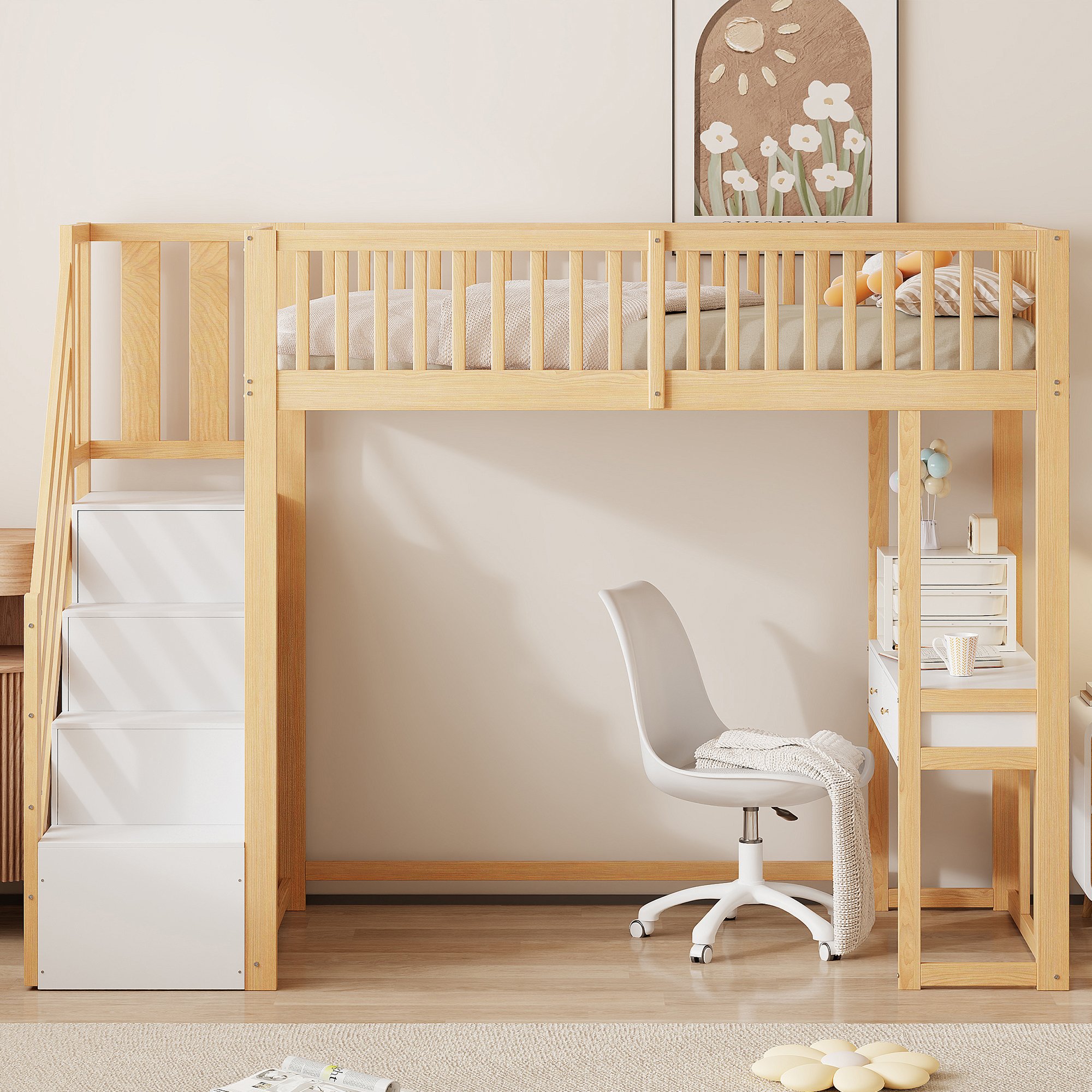 Lit mezzanine avec bureau multifonction et escalier de rangement sécurisé, 90x200
