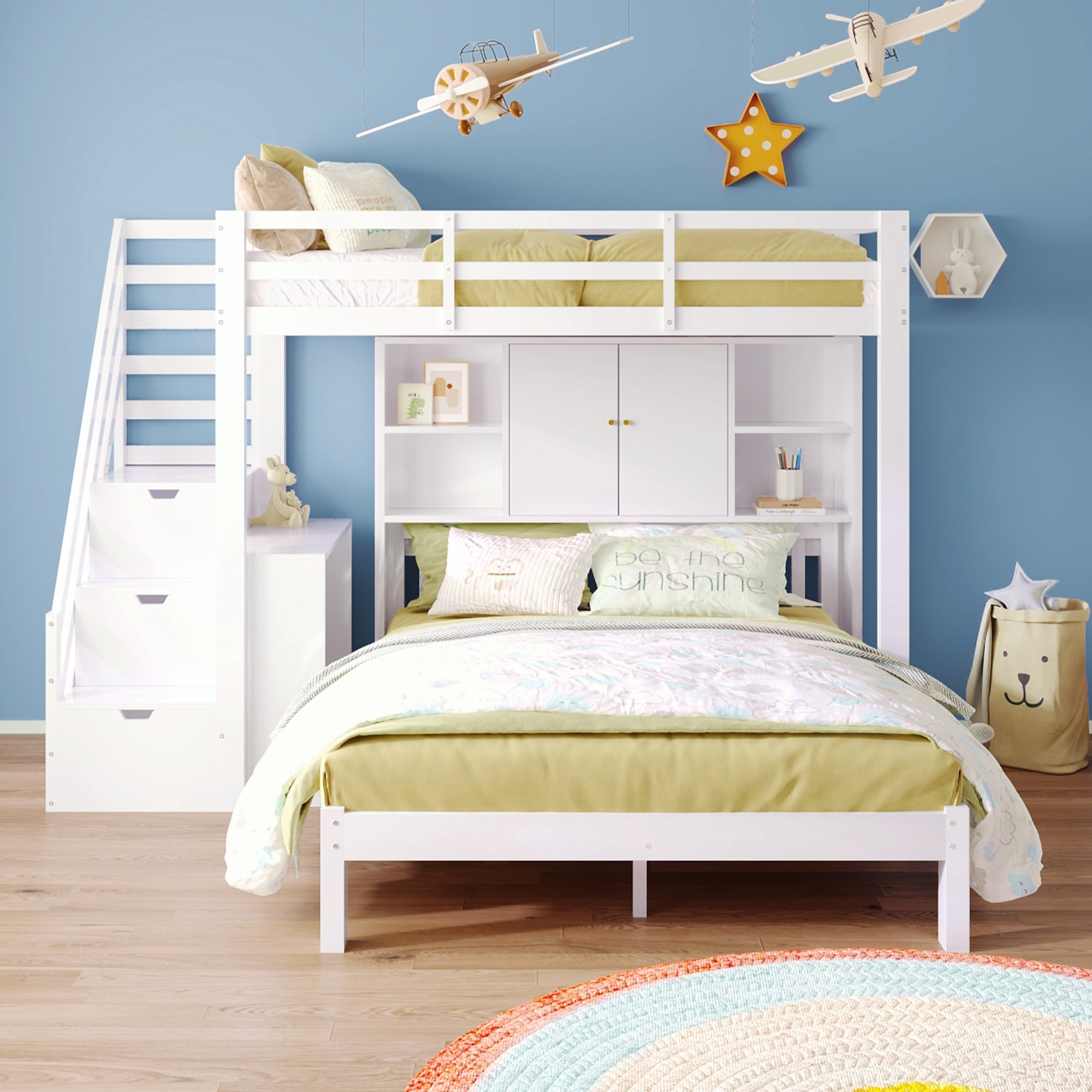Lit superposé enfant 90x200 et 140x200 avec échelle de rangement et table d'étude, kit complet sans matelas, montage facile
