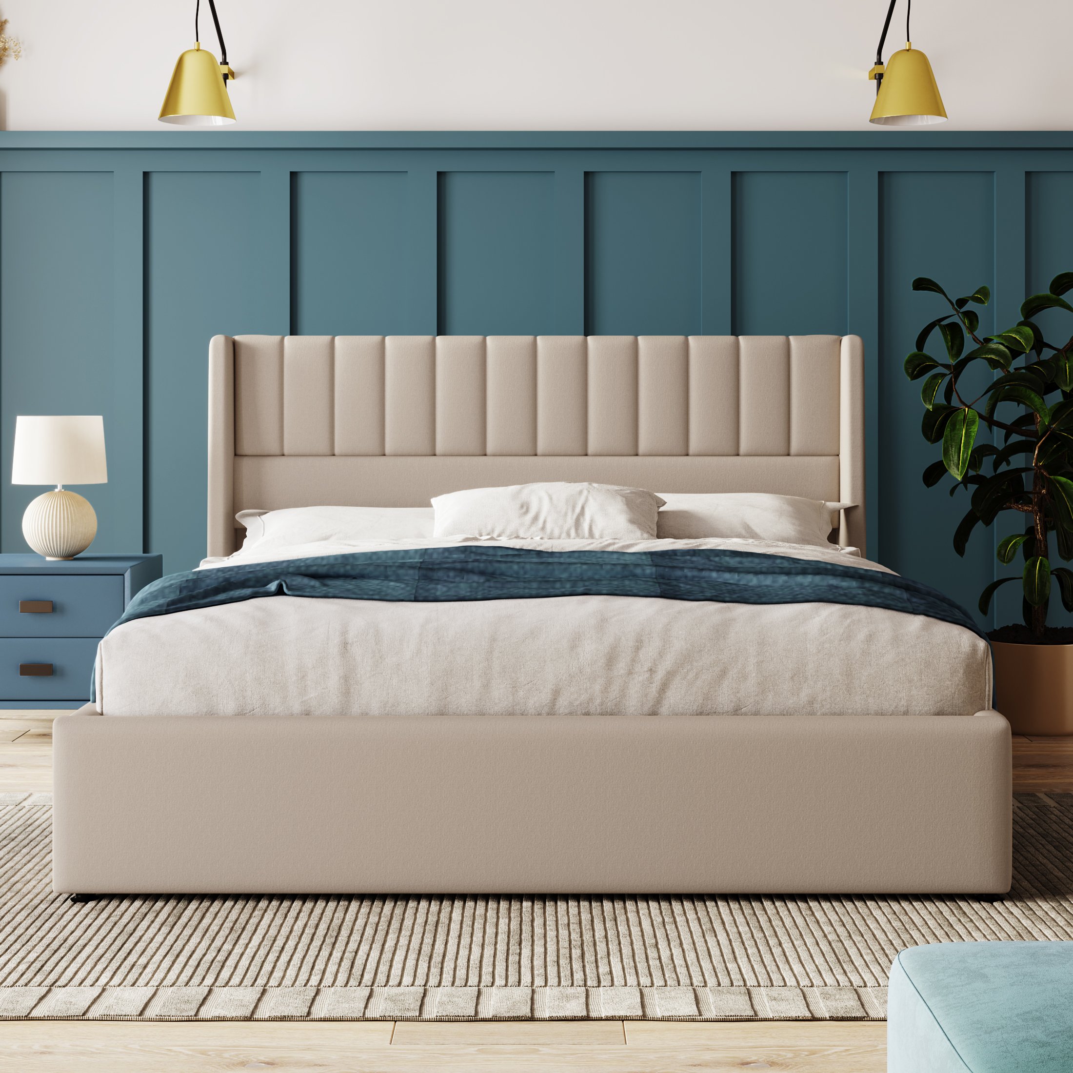 lit coffre 140x200 beige rembourré avec matelas et sommier à lattes, rangement hydraulique