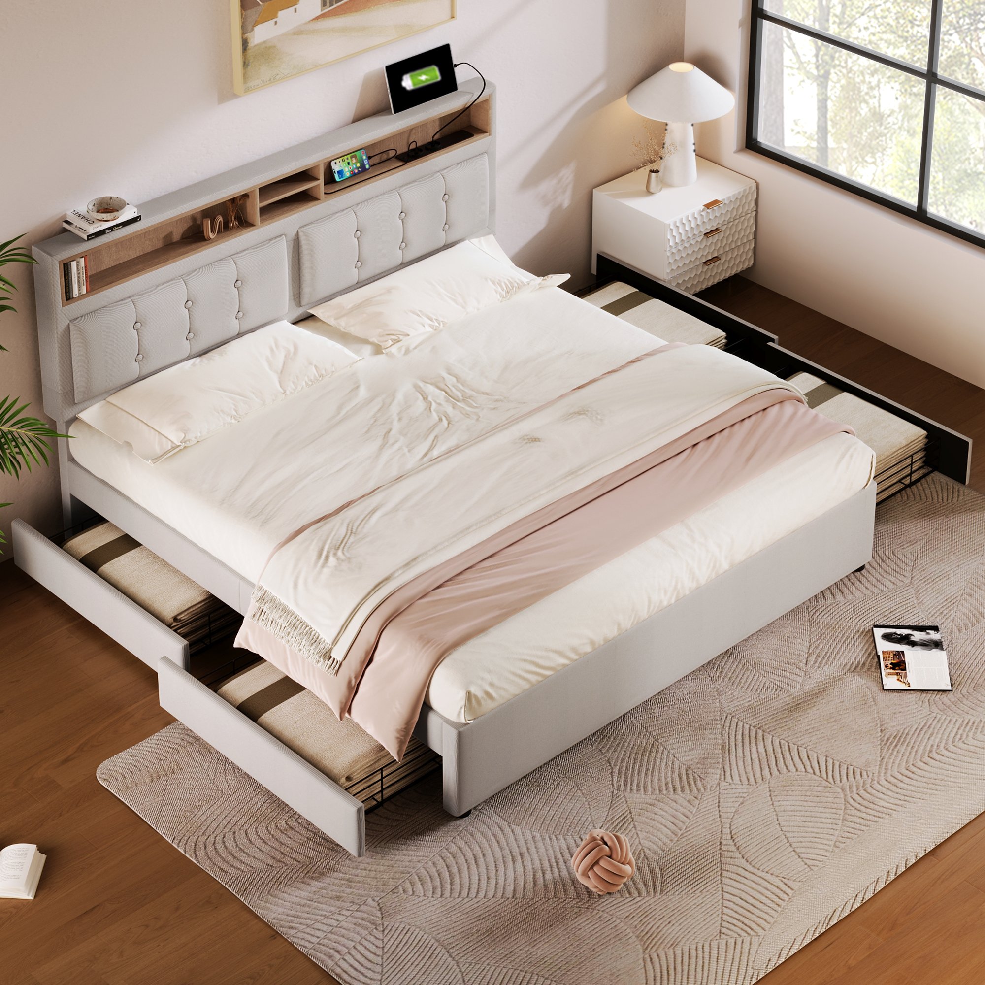 Lit coffre 140x200 avec tête de lit réglable, chargeurs USB et prises électriques, matelas inclus beige