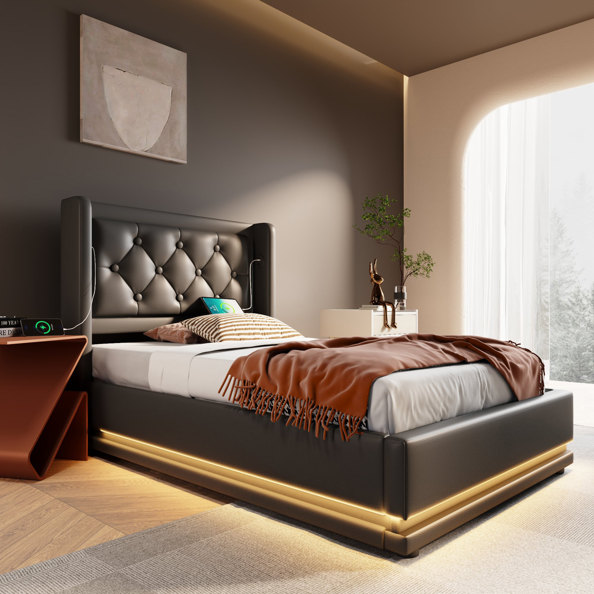 lit coffre 90x200 structure métallique revêtement PU noir, tête de lit rembourrée, LED intégrée et sommier à lattes