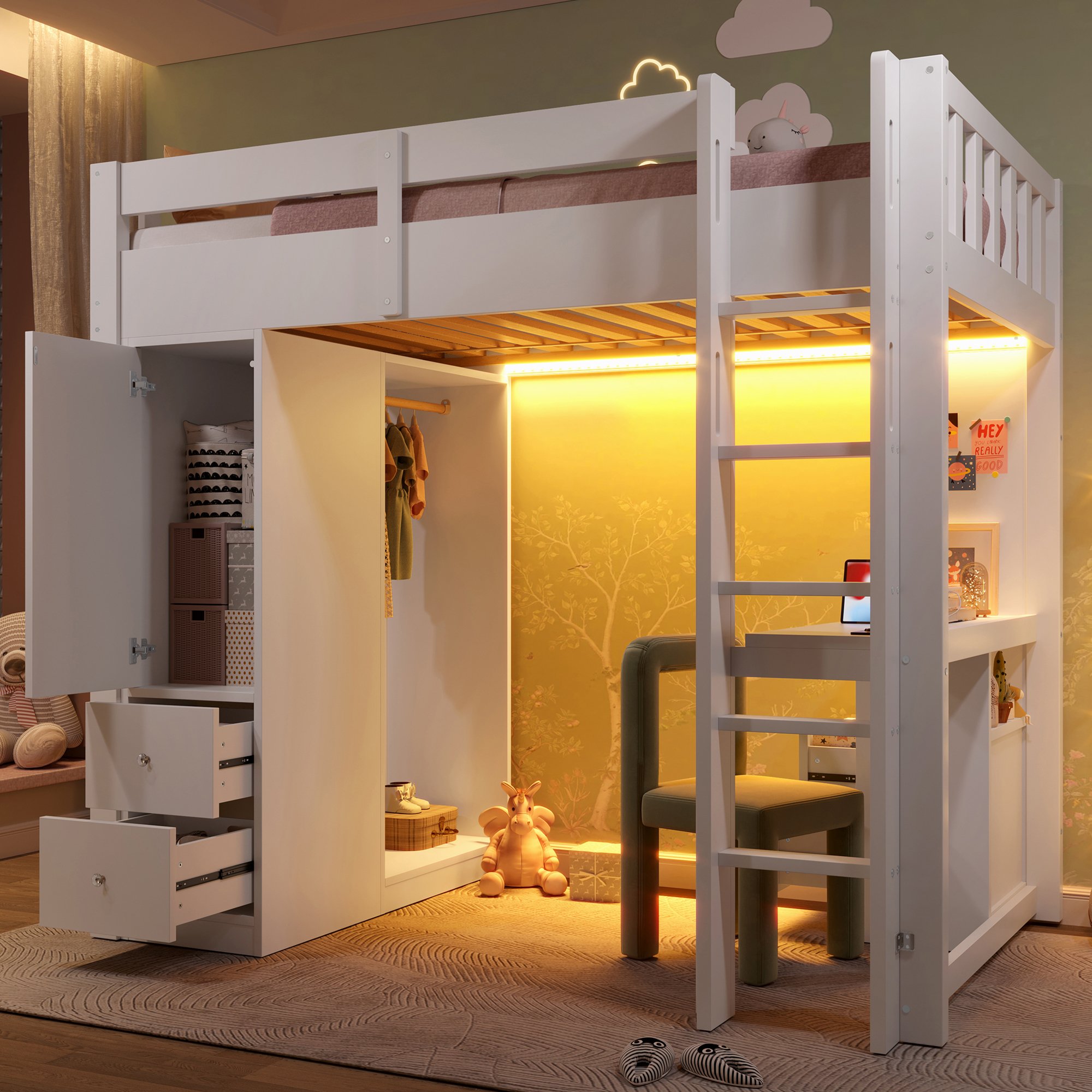 Lit mezzanine 90x200 blanc en pin massif et Panneau composite de fibres de bois à densité avec bureau, rangements, LED et USB