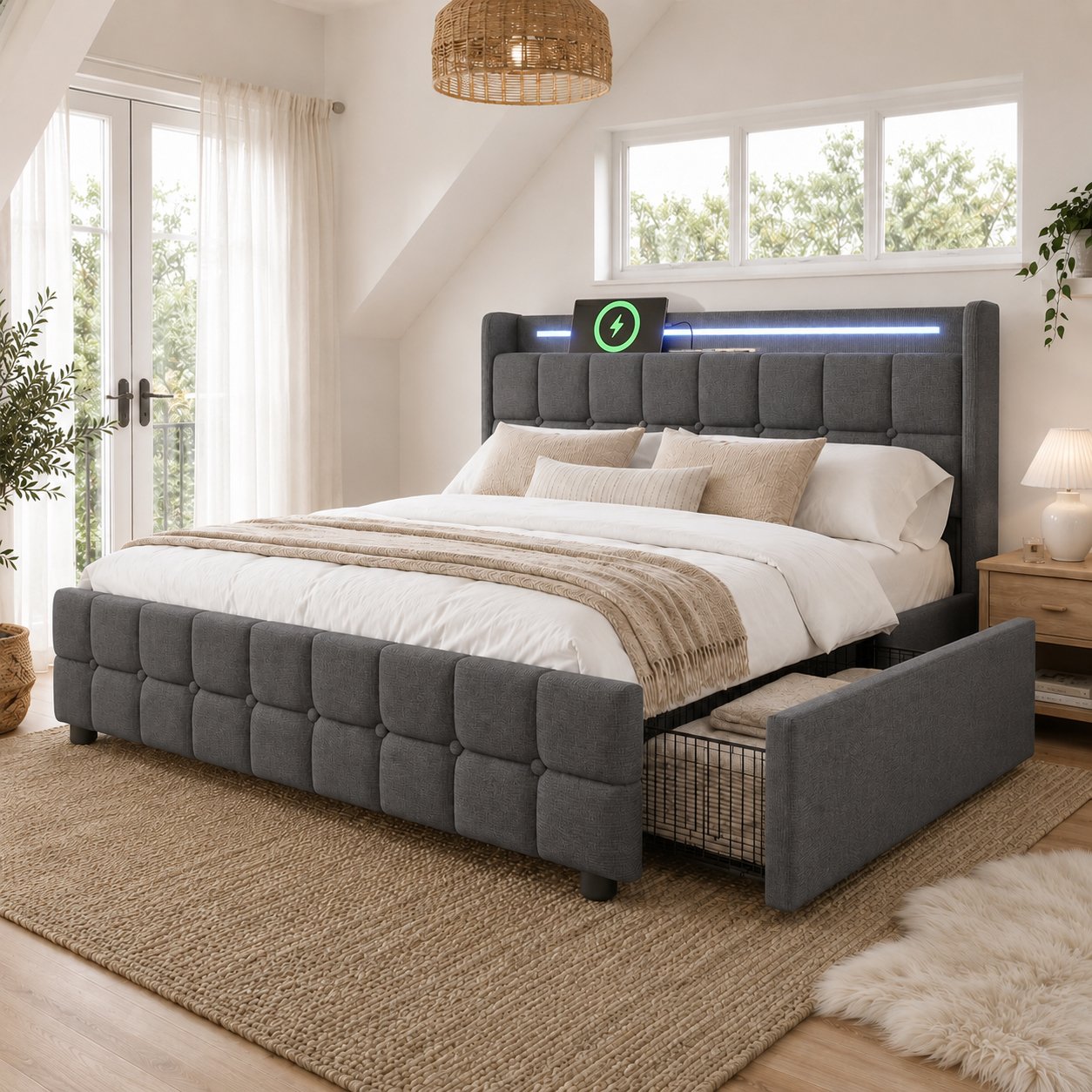 Lit double rembourré 140x200 avec sommier à lattes, LED couleur, USB, 4 tiroirs gris moderne design