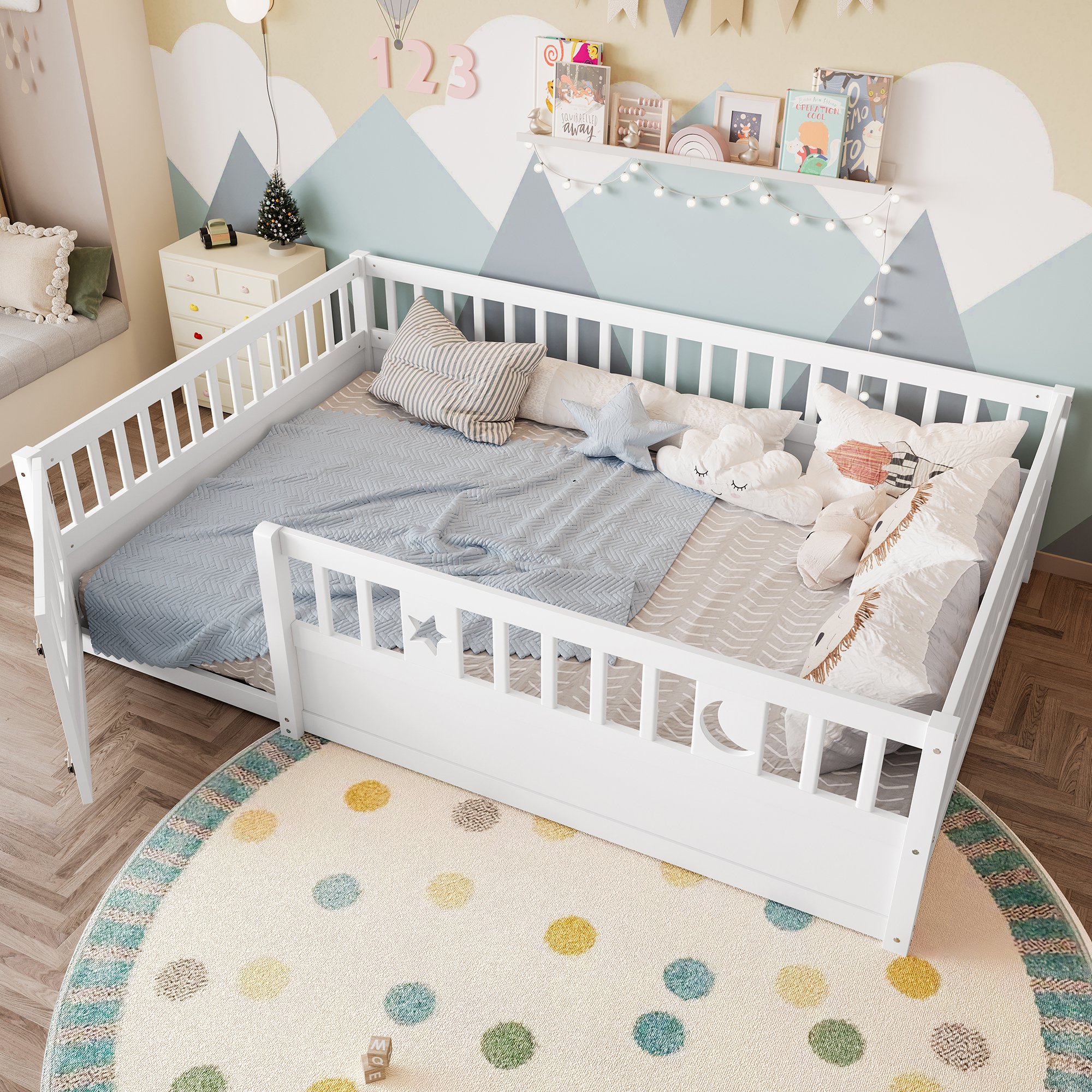 Lit enfant 140x190 avec barrière de sécurité, blanc, en pin, pour chambre d'enfant, sans matelas