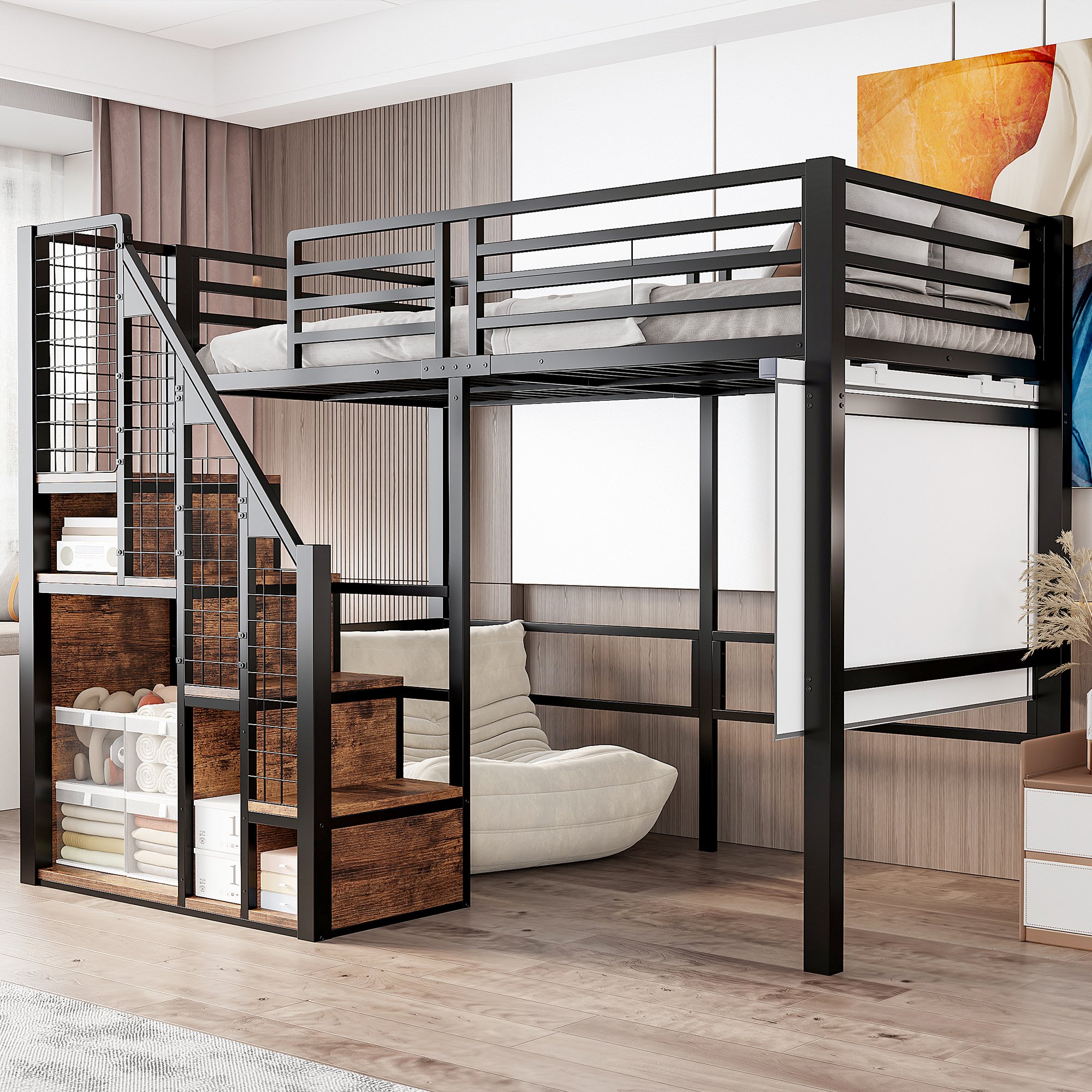 Lit mezzanine 90x200 avec rangement intégré et échelle, lit enfant en métal noir