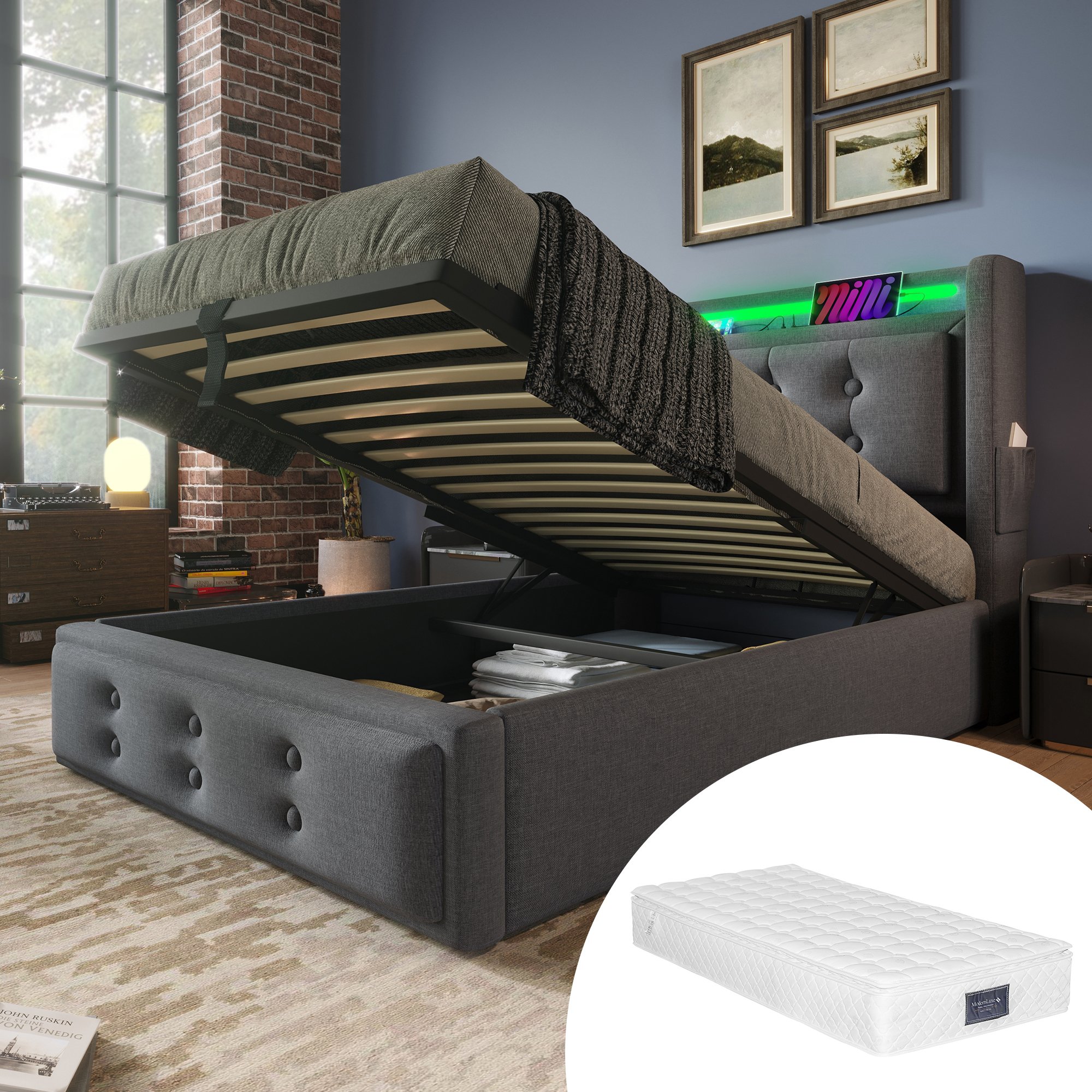 lit coffre 90x200 avec LED, rangement hydraulique gris, tête de lit rembourrée avec USB Type-C et sommier à lattes