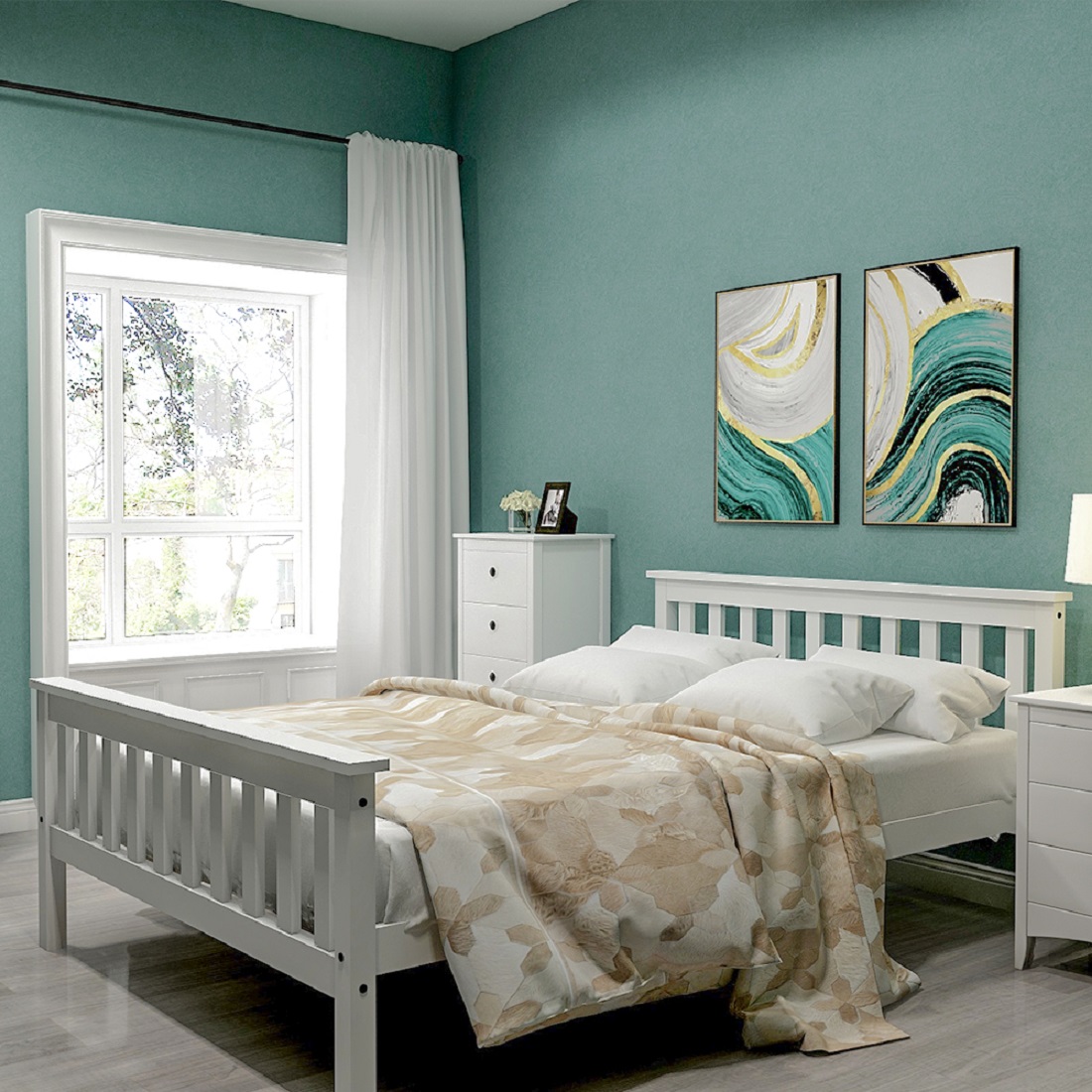 Lit coffre 140x200 blanc en pin massif avec sommier à lattes et rangement sous le couchage pour chambre adulte