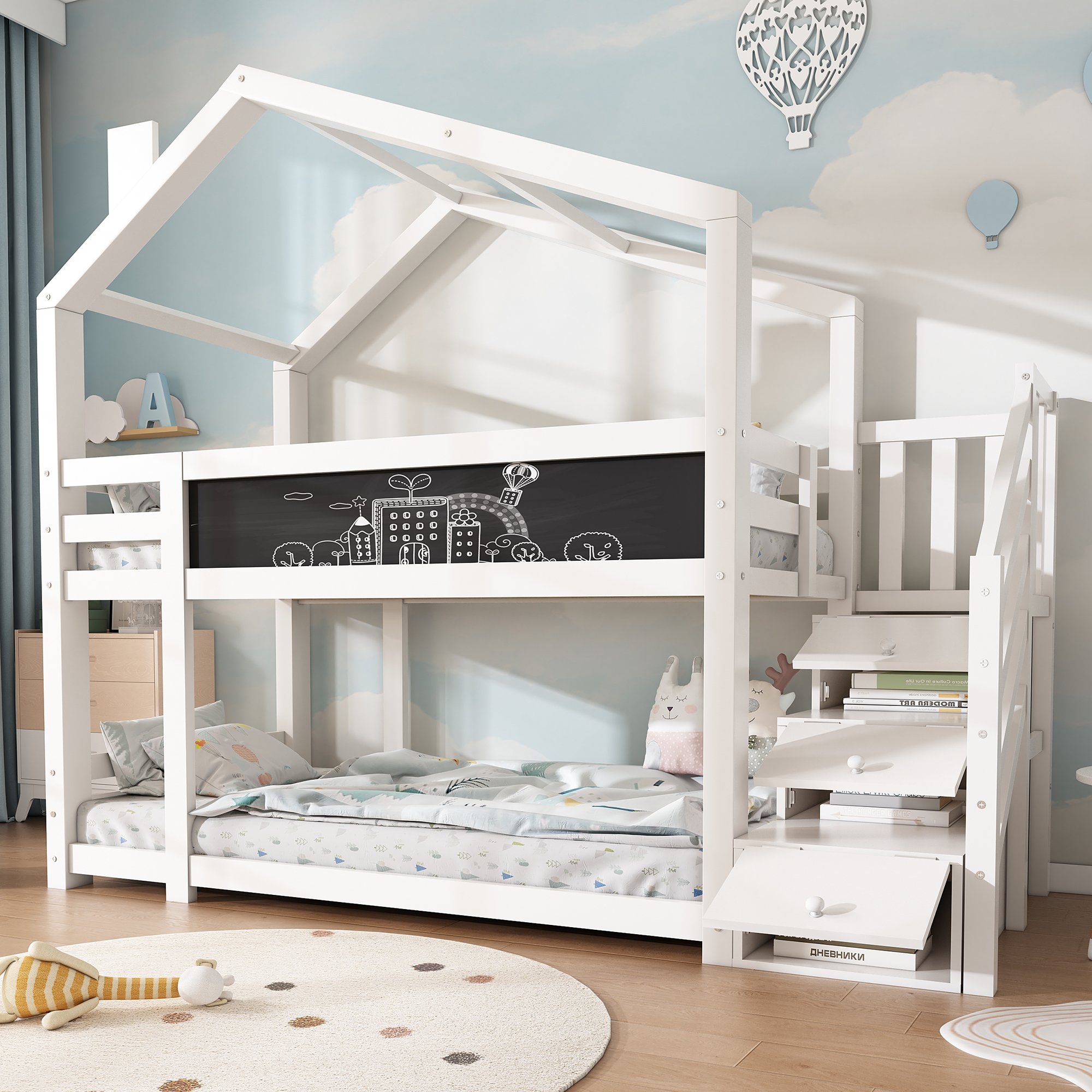 Lit superposé enfant 90x200 avec rangement intégré sous escalier, tableau à dessin et certification sécurité EN 747