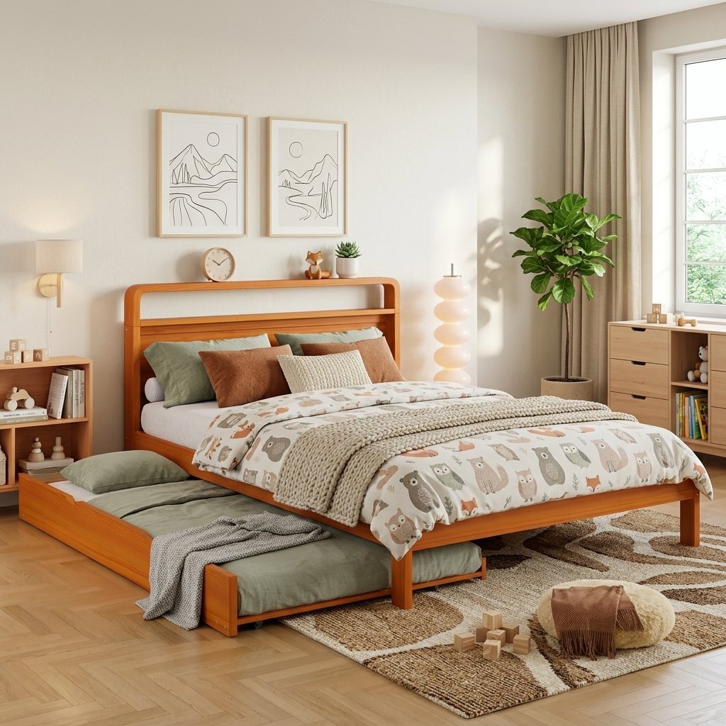 Lit gigogne en pin massif naturel, 140x200 avec lit complémentaire 90x190, tête arrondie