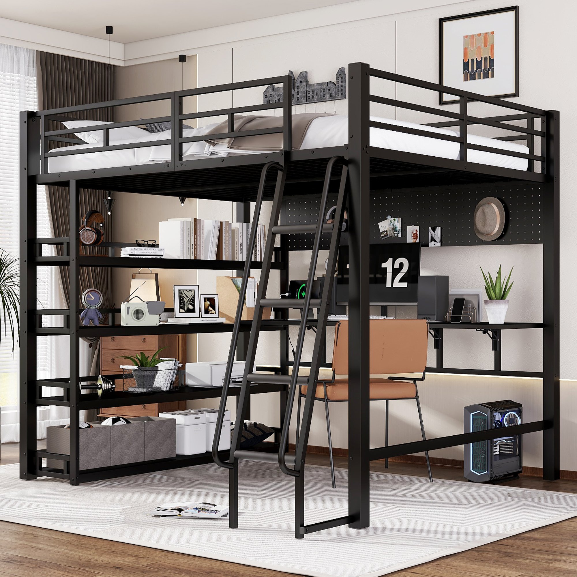 Lit mezzanine 140x200 avec rangement et échelle inclinée, noir, en fer et bois