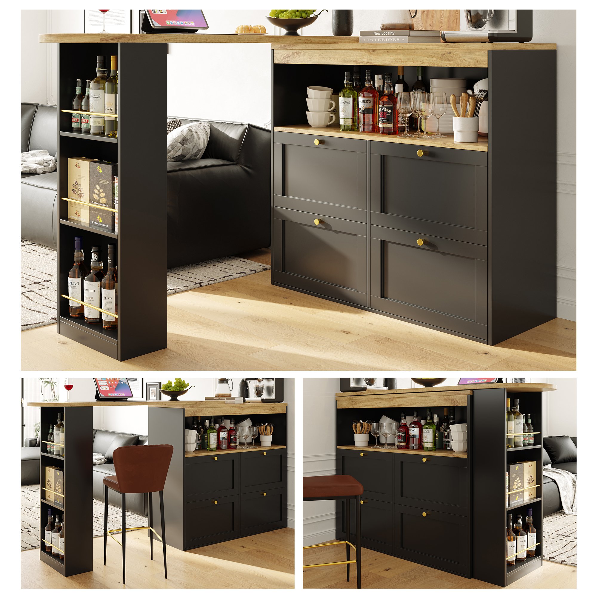 Îlot de cuisine rotatif 360° avec 4 tiroirs et étagères, plan de travail 138 cm, Panneau composite de fibres de bois à densité noir, pour cuisine et bureau