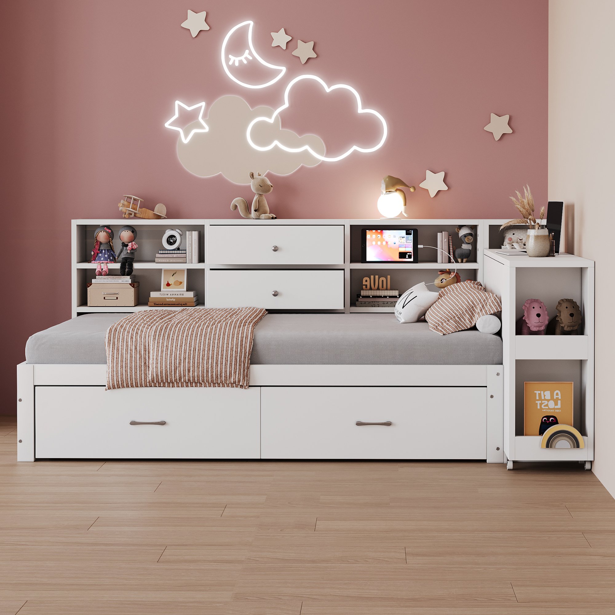 Lit coffre simple 90x200 avec tiroirs, blanc, en bois, avec bureau escamotable et prises USB