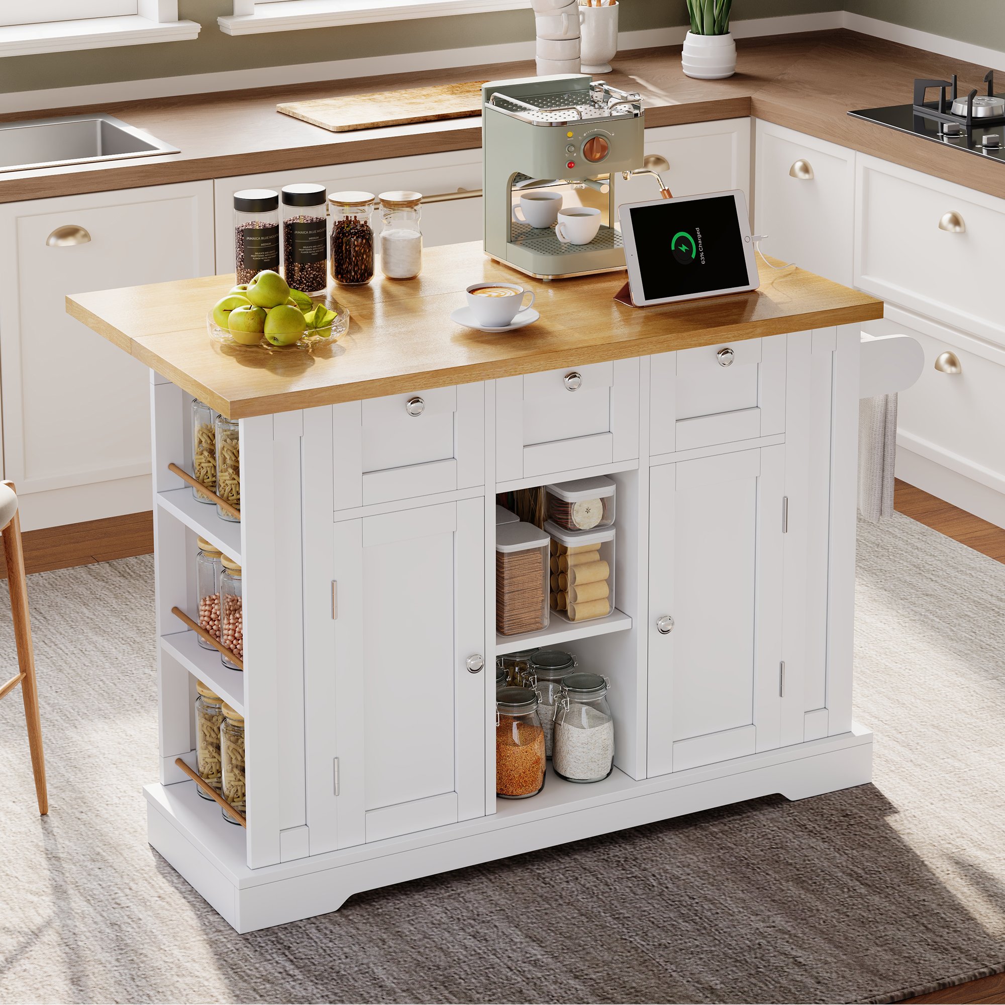 Îlot de cuisine 132x70 cm, 2 personnes, avec plan rabattable, rangements, prise intégrée et roulettes, blanc et bois naturel