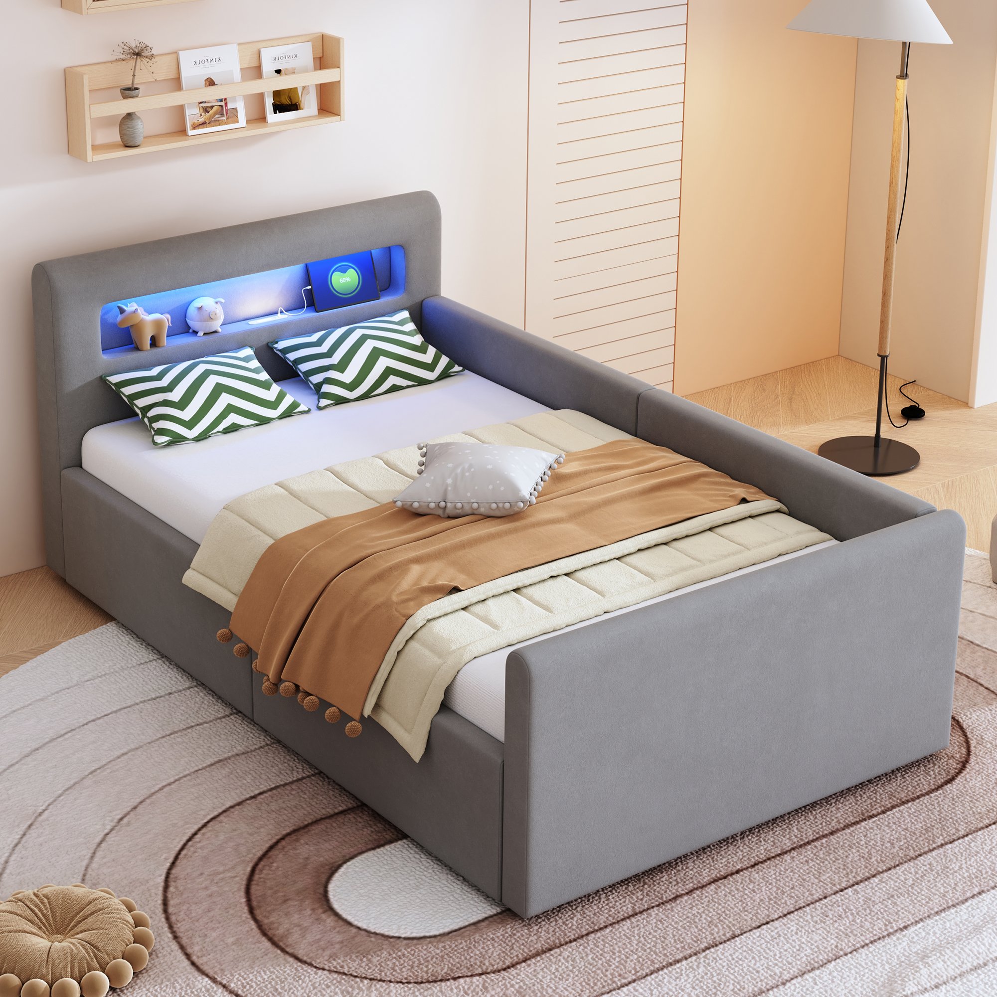 Lit coffre 90x200 en velours gris avec rangement hydraulique, LED et USB