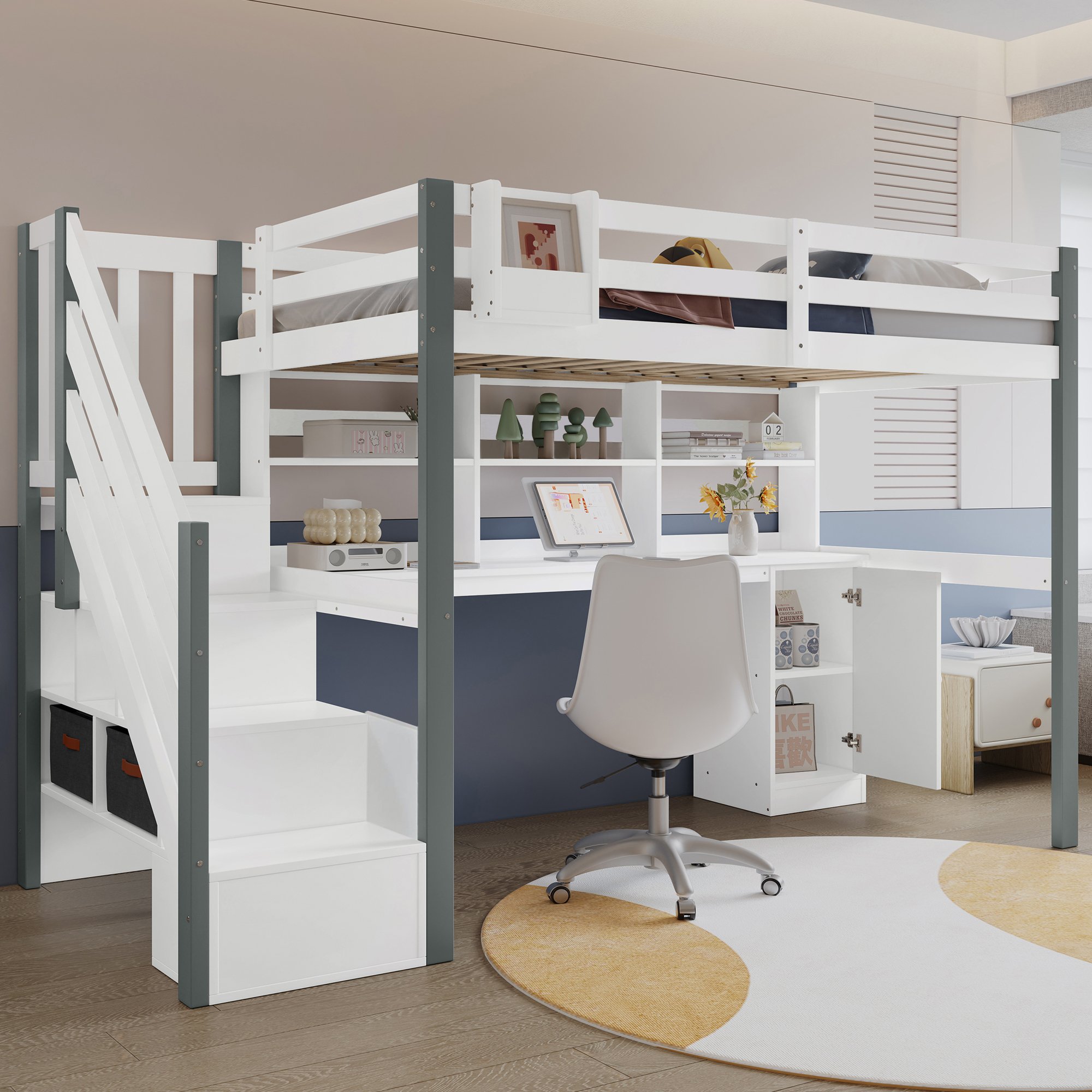 Lit mezzanine 90x200 blanc et gris avec bureau, rangements et échelle latérale