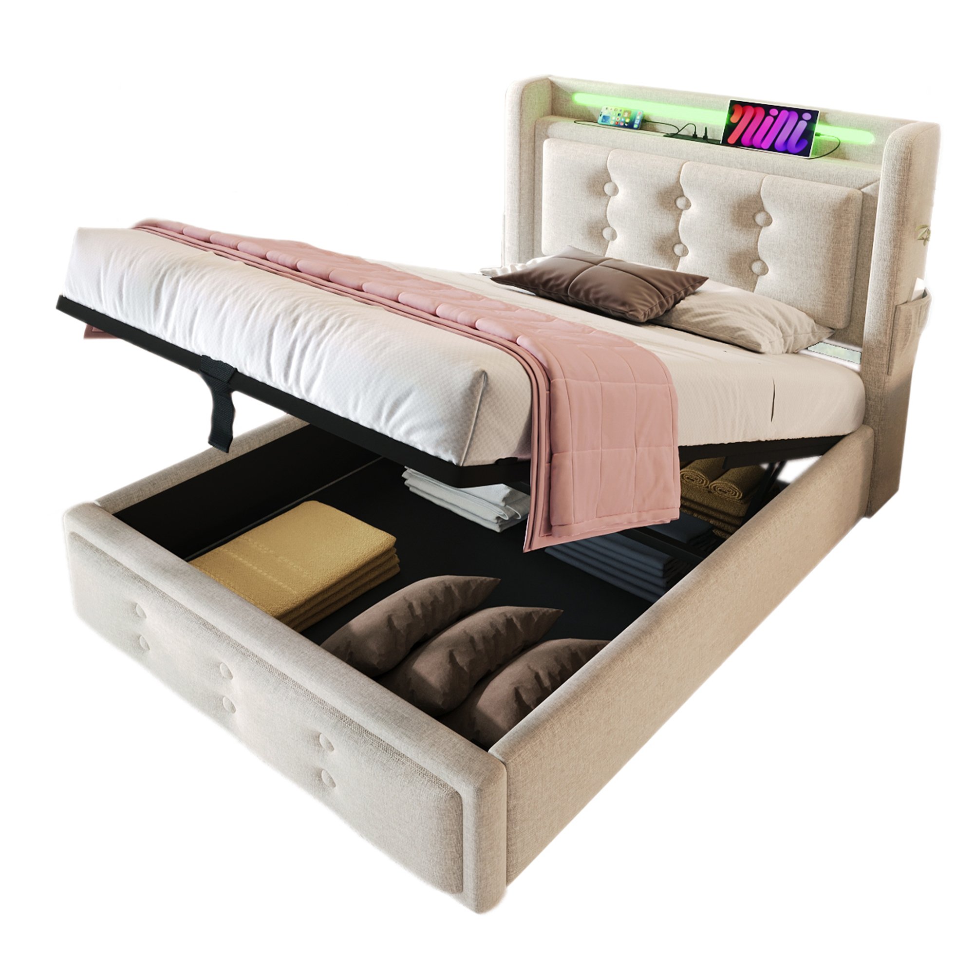 lit coffre 90x200 avec LED, USB et Type-C, rangement hydraulique sous le sommier à lattes, tête de lit rembourrée beige