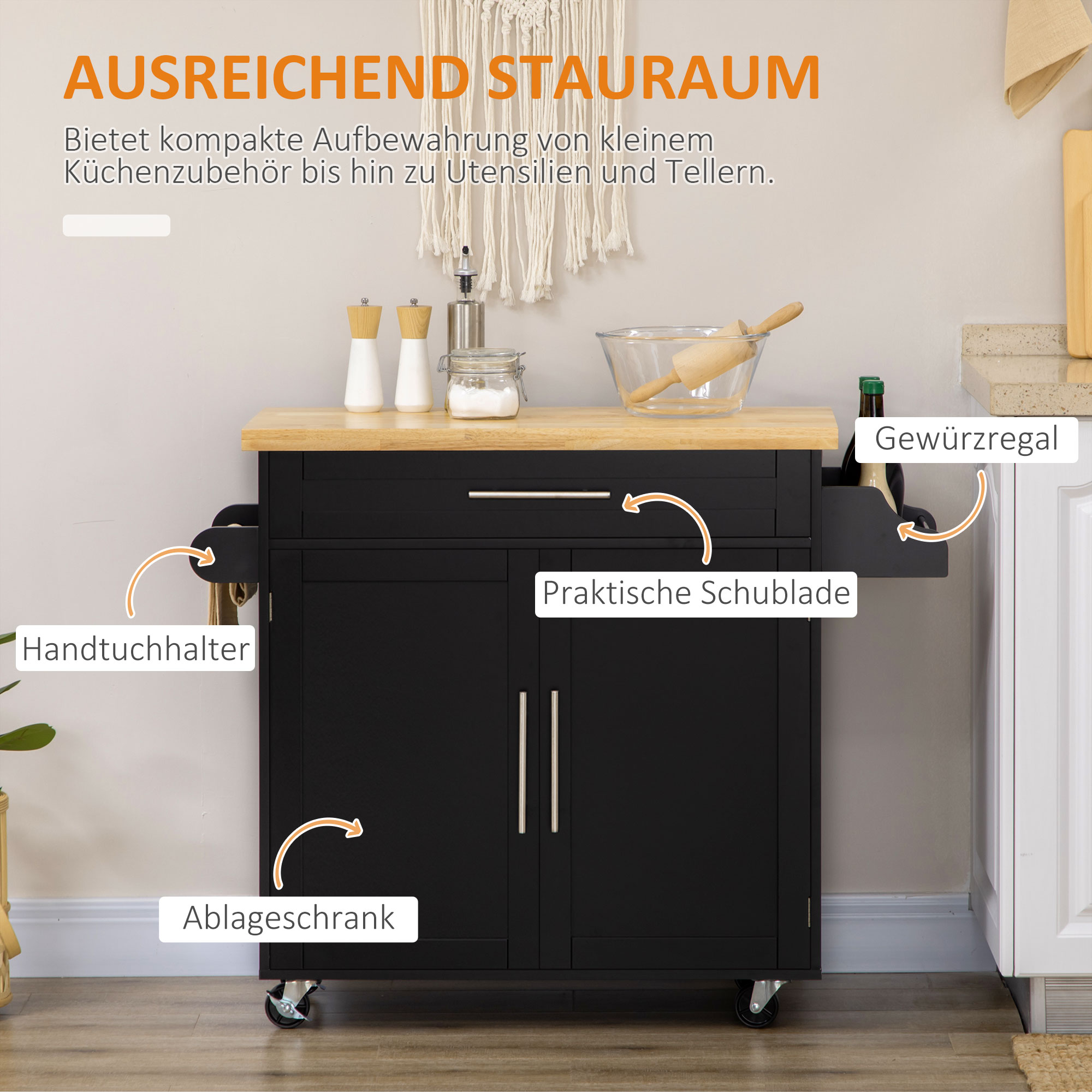 Îlot de cuisine sur roulettes avec rangement, plan de travail, étagère réglable et porte-serviettes, noir 109x40x89 cm