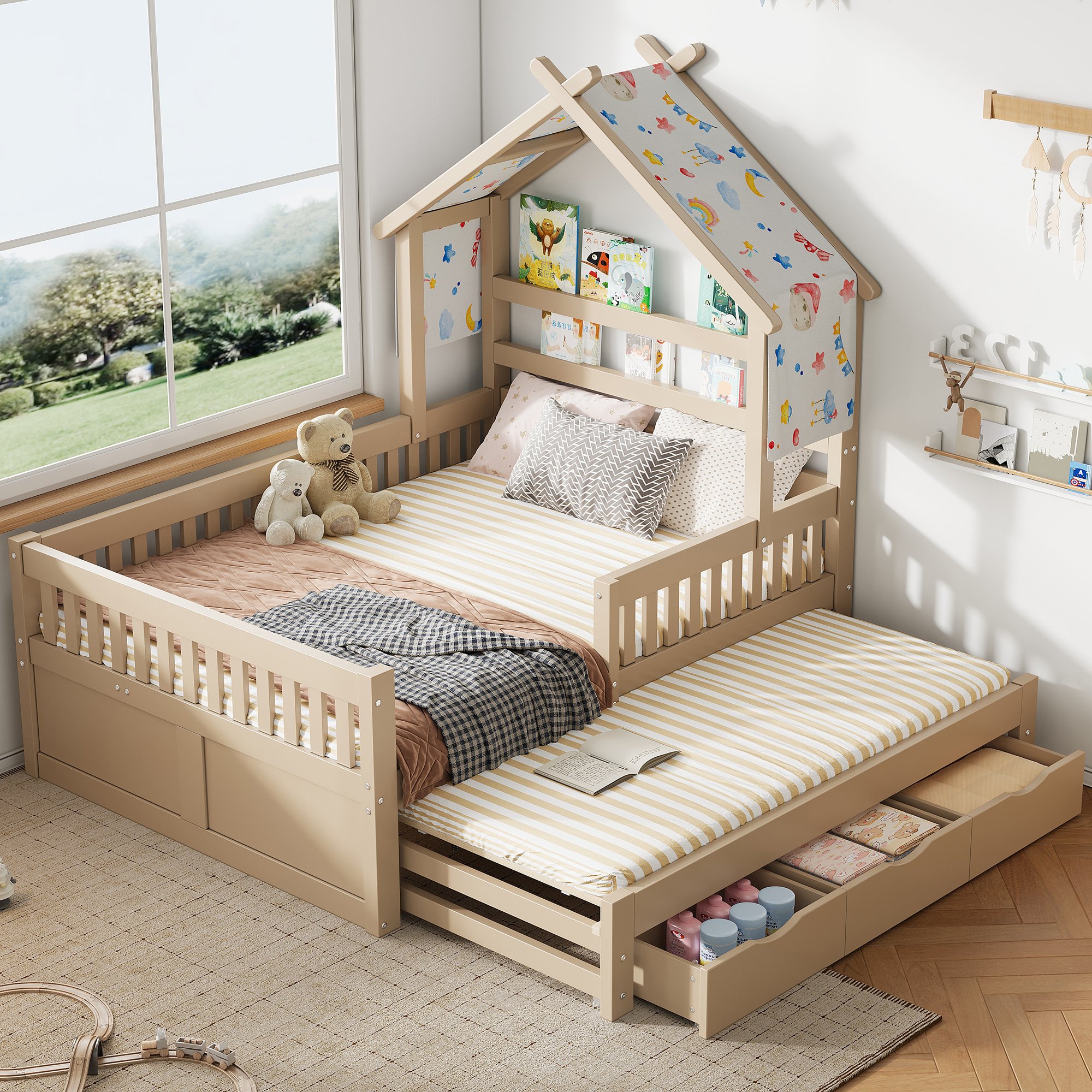 Lit gigogne 140x200 en bois avec rangement, tiroirs et barrières de sécurité, crème
